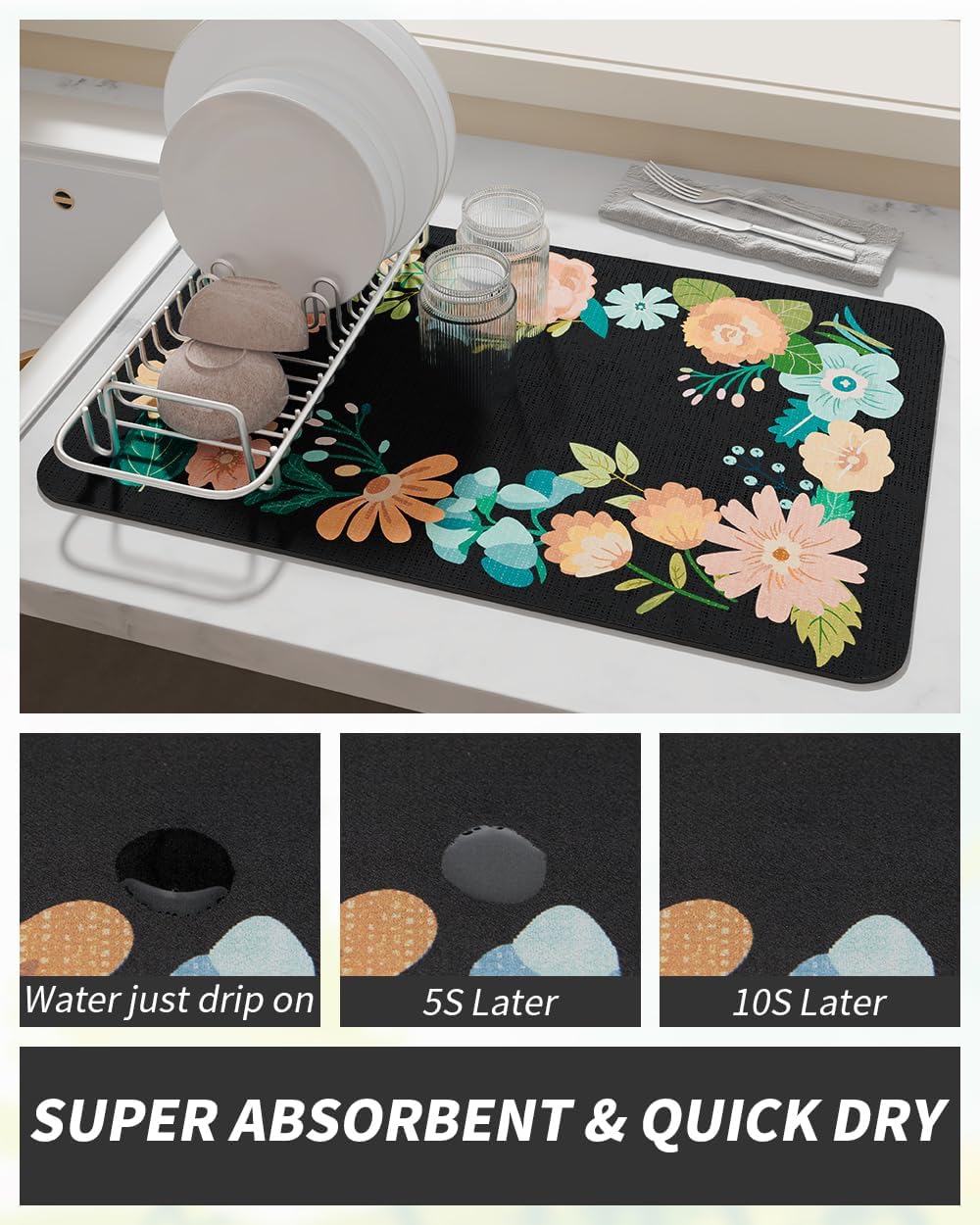 AMOAMI Coffee Mat Hide Stain Rubber Backed Absorbent Dish Drying Mat for Kitchen Counter - Bar Accessories Fit Under Coffee Maker, Espresso Machine, Dish Rack - Floral Black 12x19