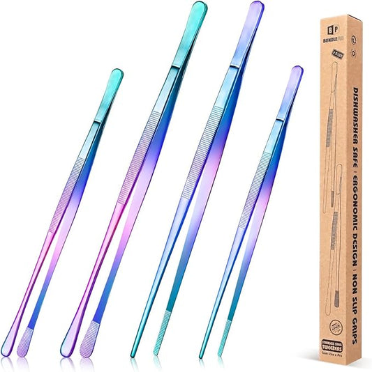 4 Pcs Fine Long Tweezer Tongs Professional Rainbow, 12'' and 10'' Stainless Steel for Kitchen, Food, Cooking, Repairing, Sea food and BBQ