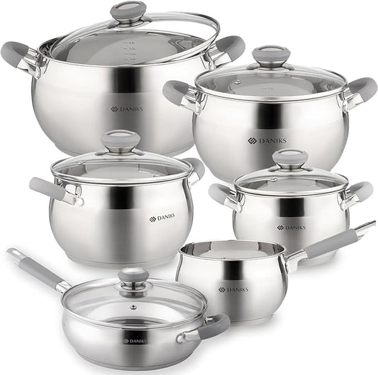 Daniks Modern 11-Piece Stainless Steel Induction Cookware Set – Dishwasher Safe Saucepan, Pots with Heatproof Handles, Glass Lids, Frying Pan with Lid, Silver