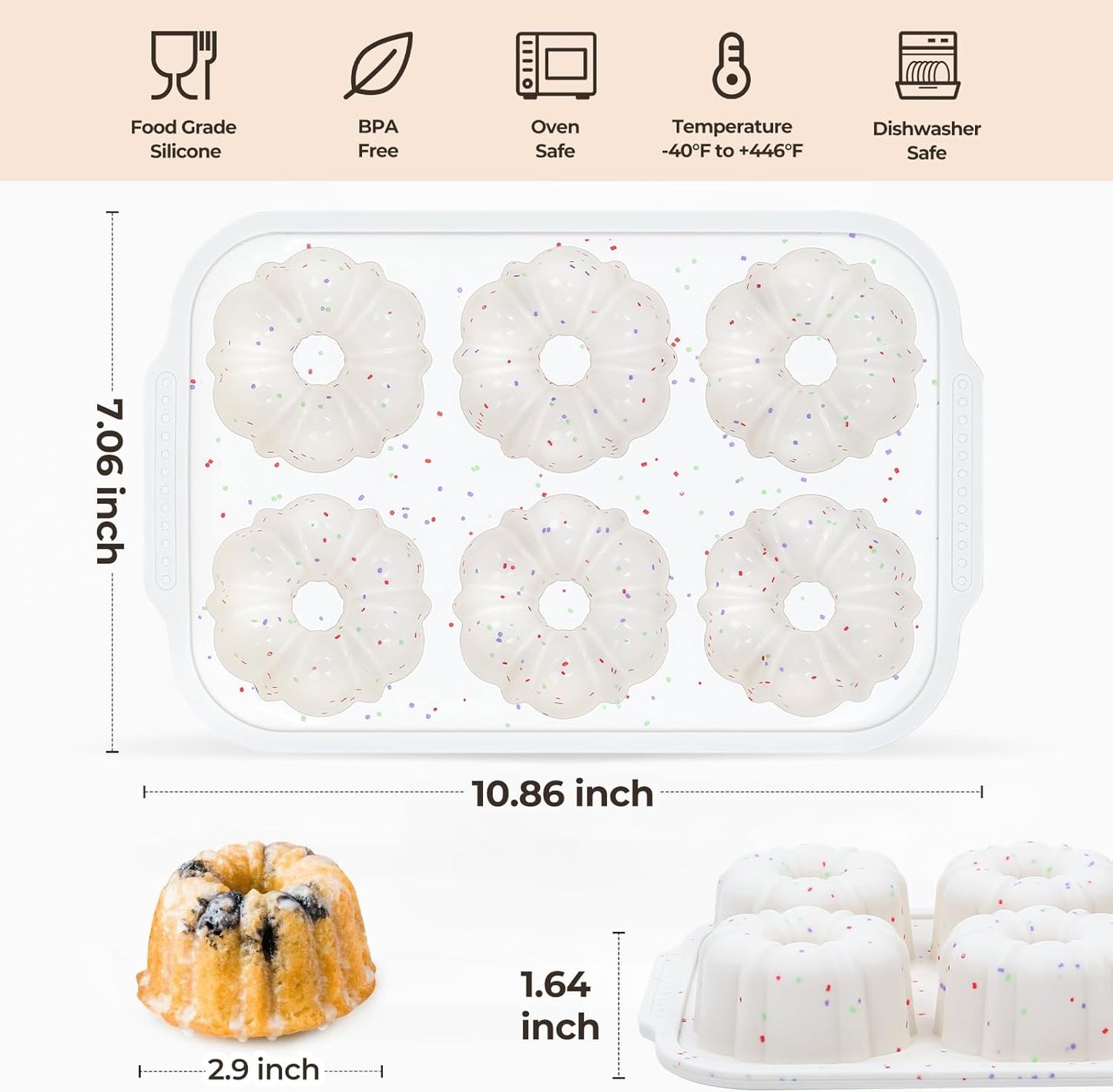 Mini Bundt Cake Pans for Baking, Silicone 6-Cavity Fluted Tube Cake Pan with Metal Reinforced Frame, Nonstick Baking Molds for Cupcake, Brownie, Donuts, Cornbread, Jello