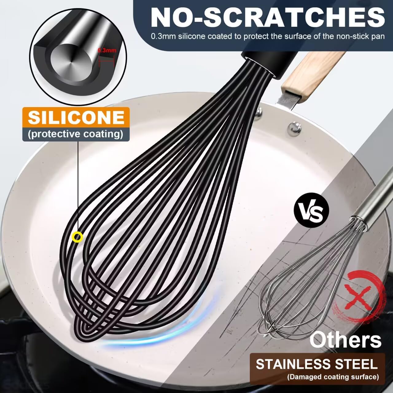 Silicone Whisk,Non Scratch Whisk for Cooking, 5+7+9+11in Balloon Whisks, Suitable for Mixing, Blending Whipping.11in Flat Whisks great for Ceramic Coated pans and Wider shallower pots.