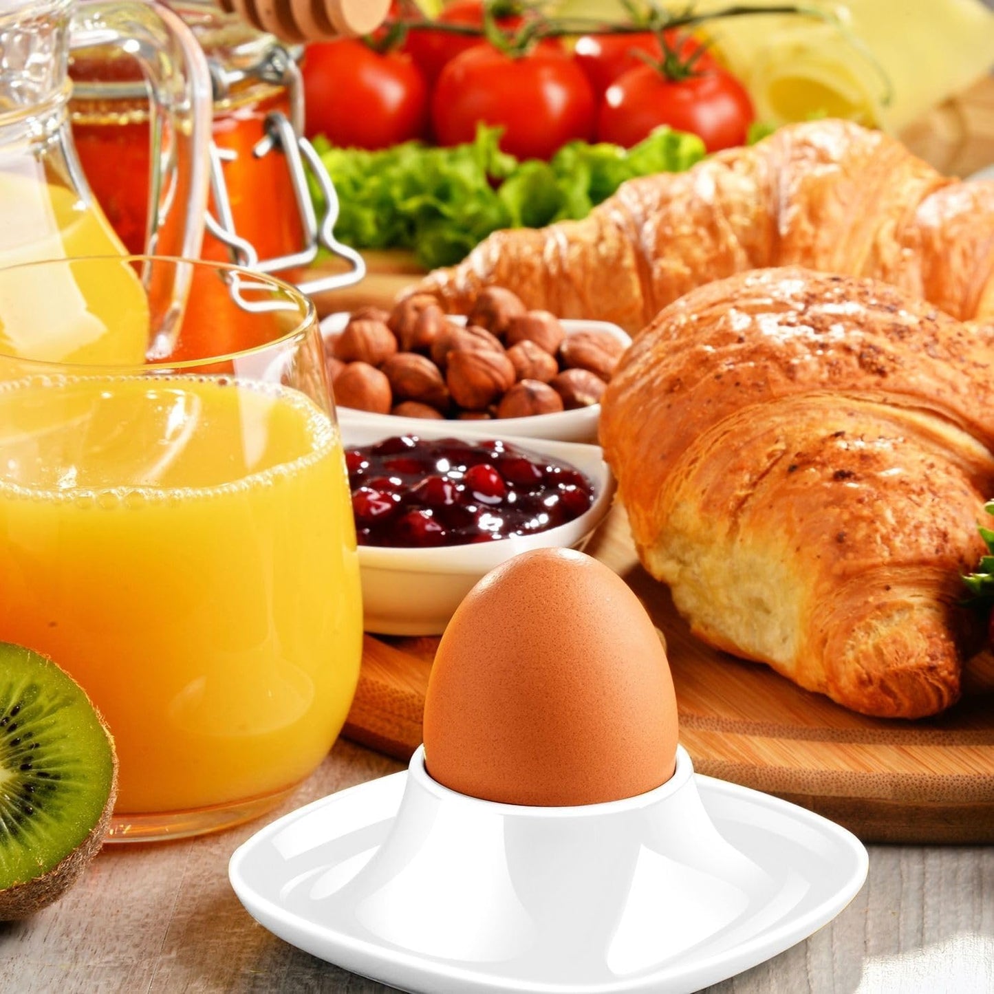 Flexzion Soft Boiled Egg Holder Set - Egg Cups for Soft Boiled Eggs British - Set of 6 Ceramic Egg Holder - Stackable Egg Coddler Cups with Base for Serving, Breakfast, Brunch, White