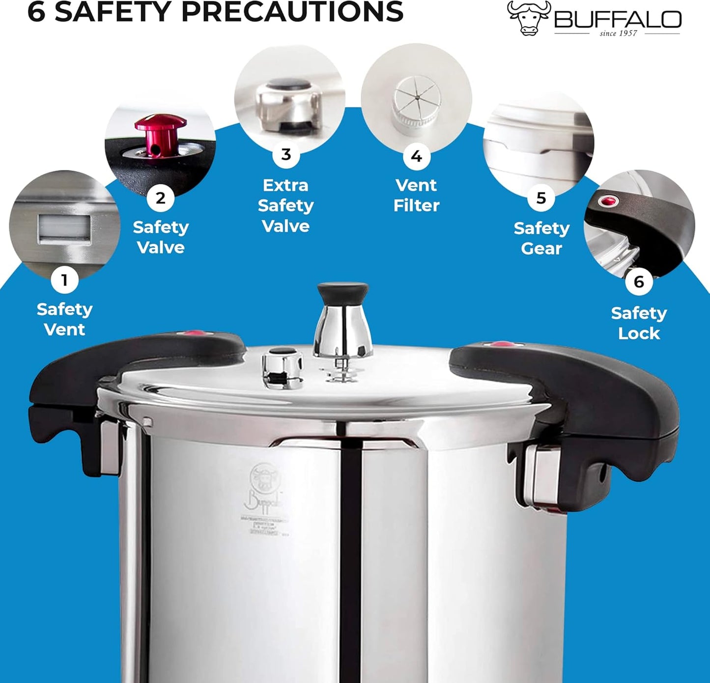 Buffalo 15 Quart Pressure Cooker Stainless Steel - Large Canning Pot with Lid for Home, Commercial Use - Easy to Clean Induction Stove Top Pressure Canner, Can Cooker - SG Certificate QCP415