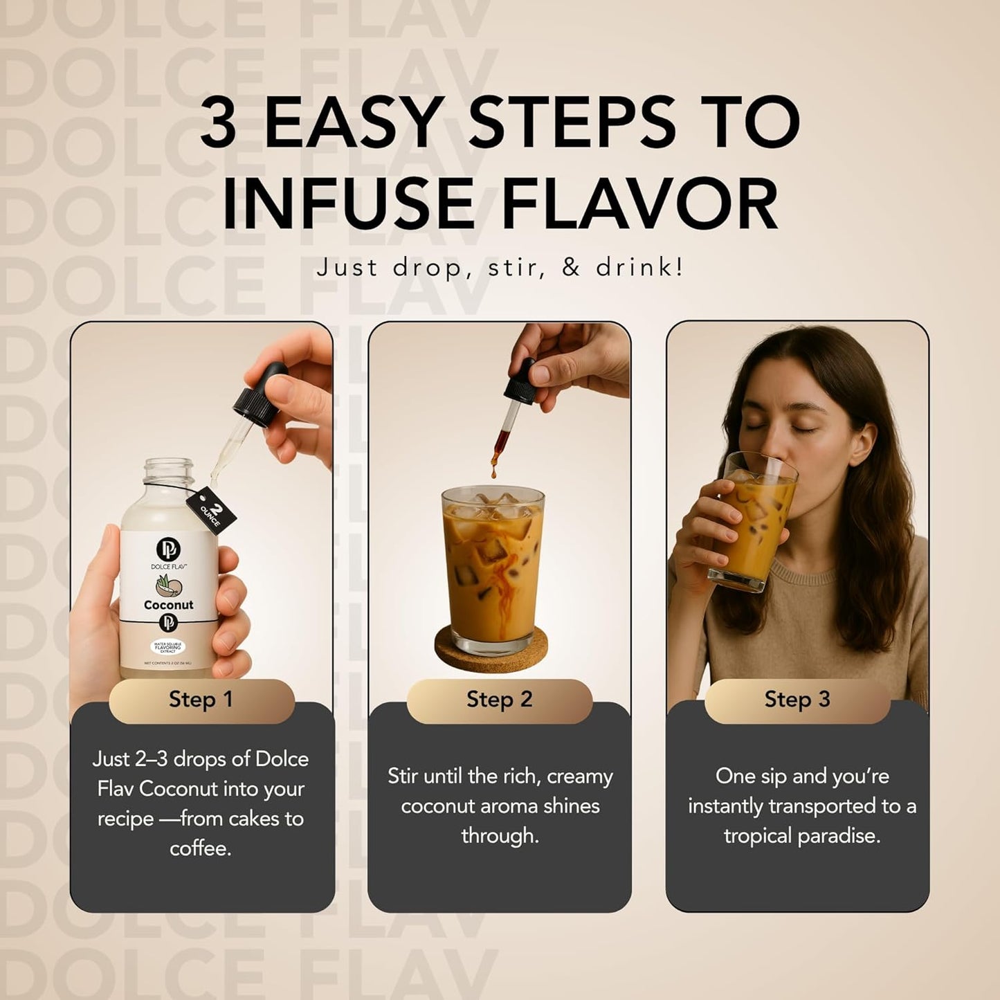 Dolce Flav Natural Coconut Extract – 2 Ounce Water-Soluble Kosher, Sugar-Free, Concentrated Tropical Coconut Flavoring for Baking, Beverages & Desserts, Includes Measured Dropper