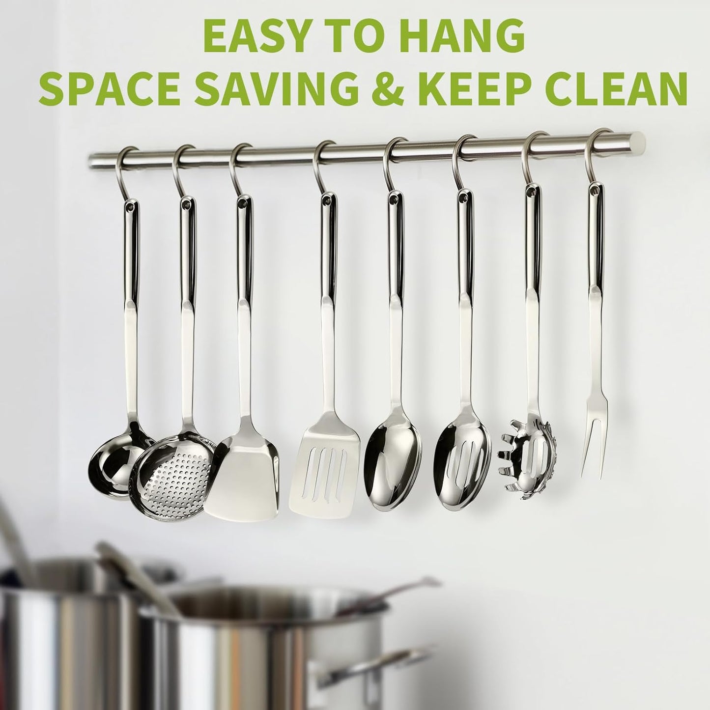 304 Stainless Steel Cooking Utensils Set, 8PCS Kitchen Utensils Set, Include Skimmer, Soup Ladle, Spaghetti Server, Wok Spatula, Slotted Spoon, Solid Spoon, Slotted Spatula Turner & Meat Fork