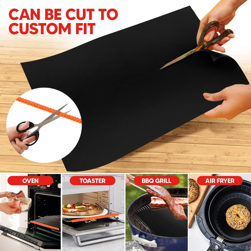 Oven Liners for Bottom of Oven Black (4-pack) Bundled with Rack Shield (4-pack) - Large Mat for Bottom of Range (17"x 25") and 14" Orange Stove Guards for Racks - Reusable & Heat Resistant