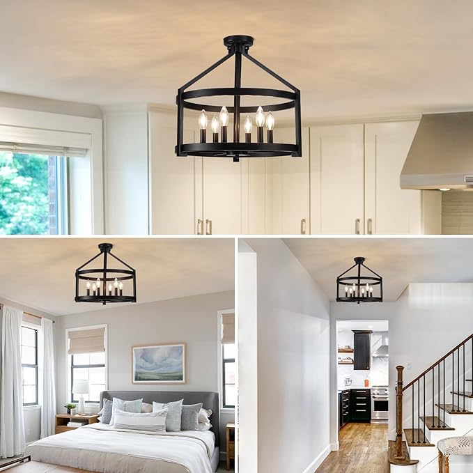 6-Light Black Farmhouse Chandelier for Dining Room,20" Modern Hanging Pendant Lighting for Kitchen Island,Rustic Semi Flush Mount Ceiling Light Fixture Drum Chandeliers for Foyer Kitchen Entryway