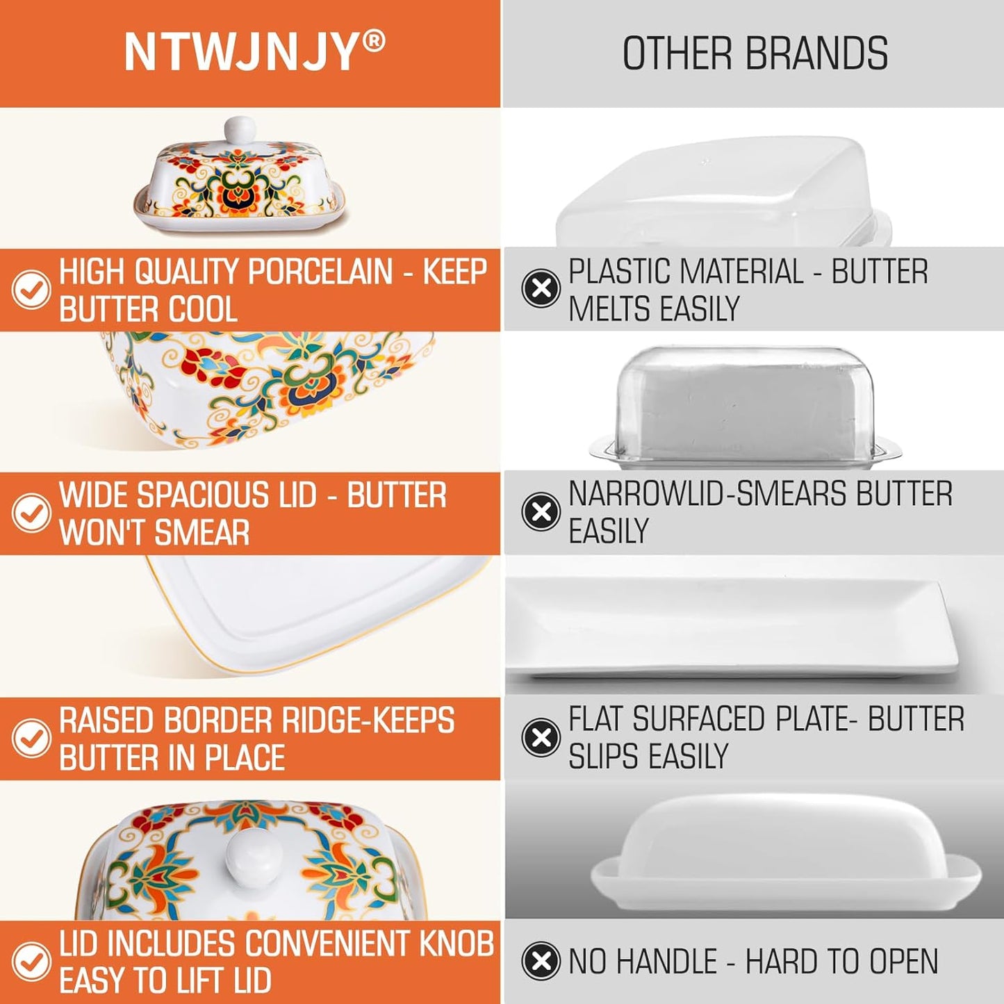 Butter Dish with Lid, butter dish with lid for countertop,Classic patterns Ceramic Butter container,Grilled flower craft butter Holder,Microwave, Oven and Dishwasher Safe butter tray.