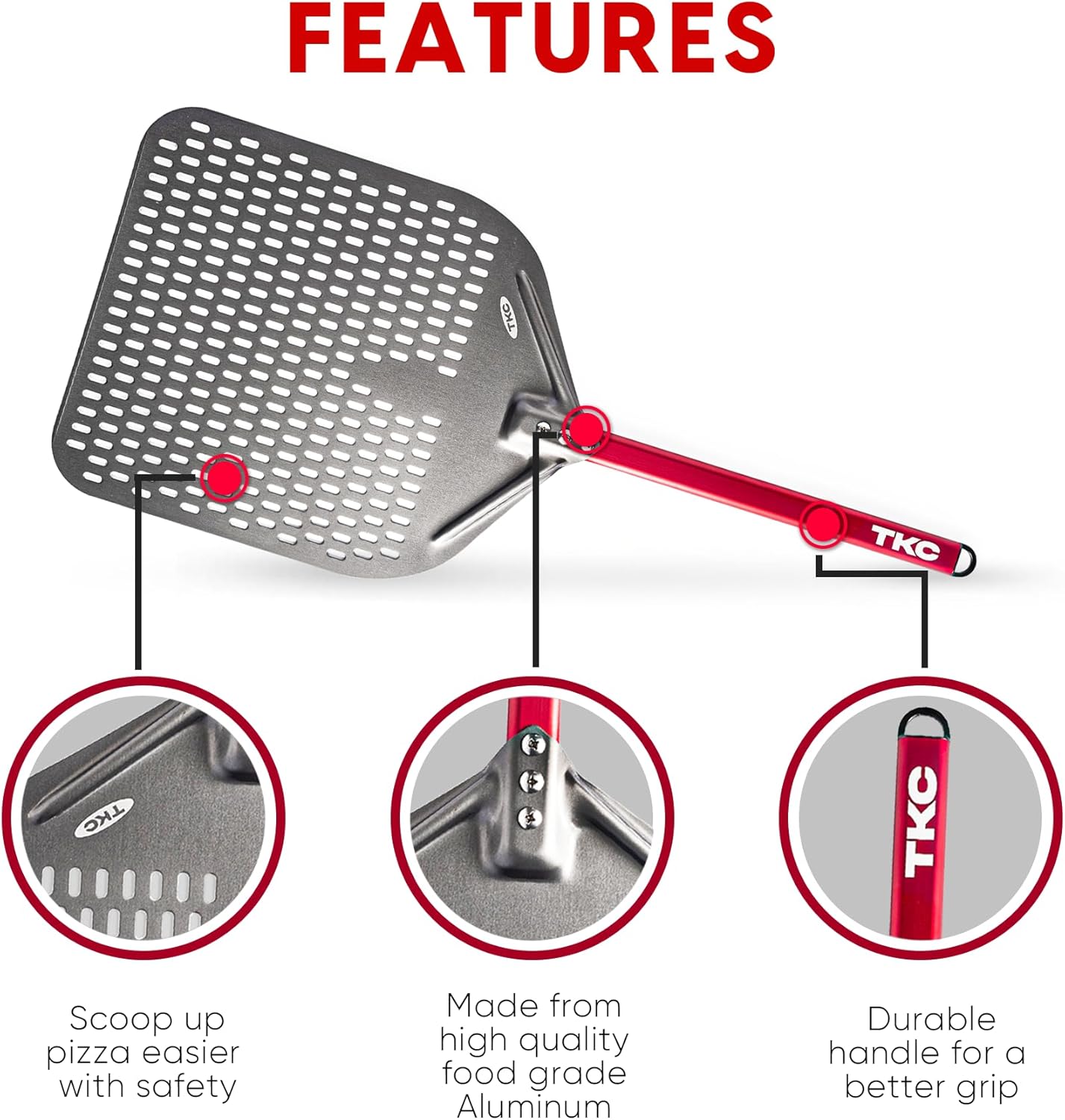TKC 14” Perforated Pizza Peel – 31 Inch Long Handle Perforated Aluminium Pizza Paddle – Lightweight Pizza Turning Peel – Commercial Grade Pizza Spatula - Outdoor Pizza Oven Accessories - (Silver/Red)