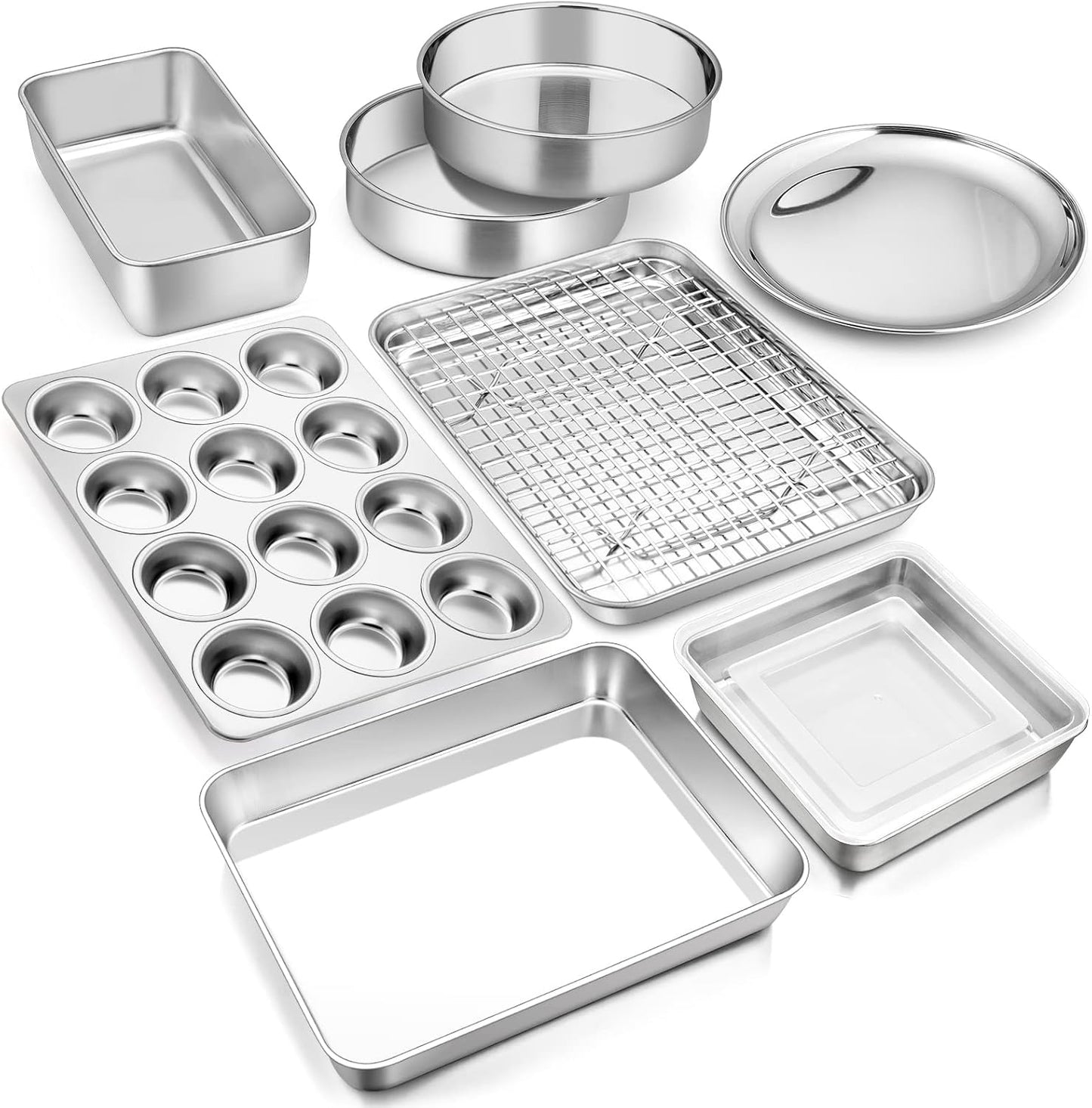 E-far 10-Piece Baking Pans set, Stainless Steel Bakeware Set for Oven, Include Cake Pan/Baking Cookie Sheet/Pizza/Muffin/Loaf Pan, Non-Toxic & Heavy Duty, Dishwasher Safe