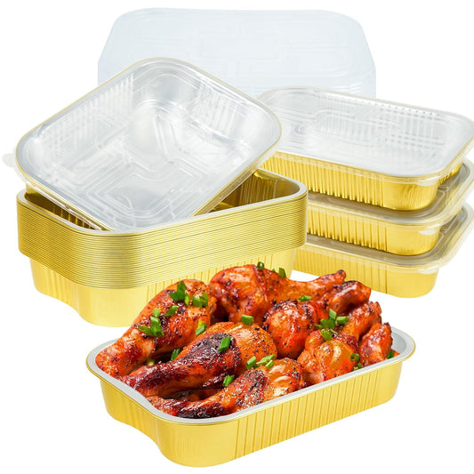 Aluminum Pans with Lids Half Size 9x13 Extra Heavy Duty (15 Pack + 15 Lids), Disposable Gold Aluminum Foil Baking Pans Double Thick Tin Foil Food Container with Lids for Baking, Heating, Cooking