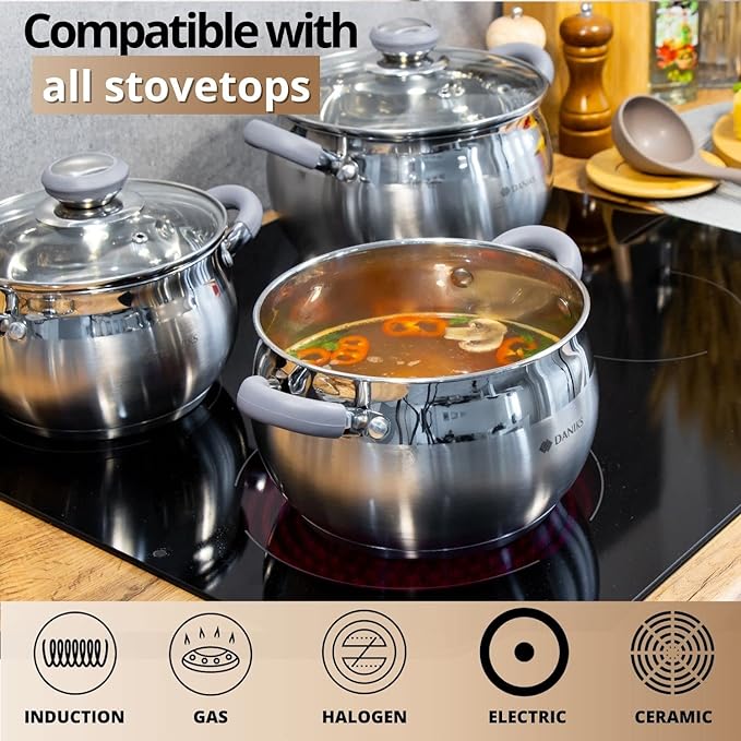 Daniks Modern 11-Piece Stainless Steel Induction Cookware Set – Dishwasher Safe Saucepan, Pots with Heatproof Handles, Glass Lids, Frying Pan with Lid, Silver