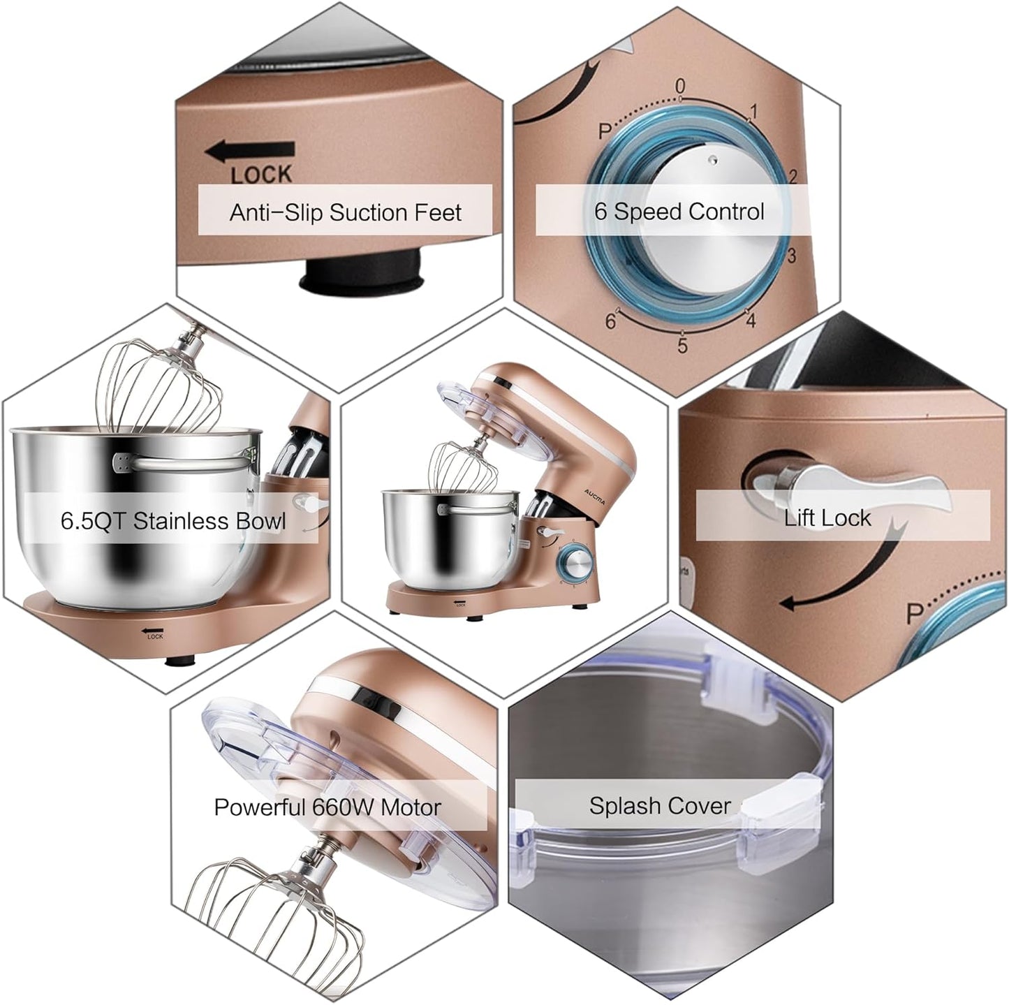 Aucma Stand Mixer,6.5-QT 660W 6-Speed Tilt-Head Food Mixer, Kitchen Electric Mixer with Dough Hook, Wire Whip & Beater (6.5QT, Champagne)