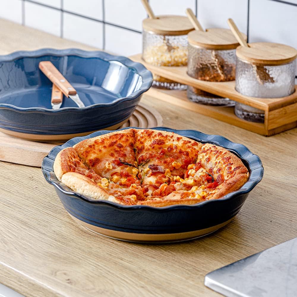 HVH 10 inch Pie Pan for Baking, Ceramic Pie Dish, Deep Dish Pie Plate for Dessert Kitchen, Deep Dish Pie Pan with Fluted Edge, Set of 2, Farmhouse Style (Blue)