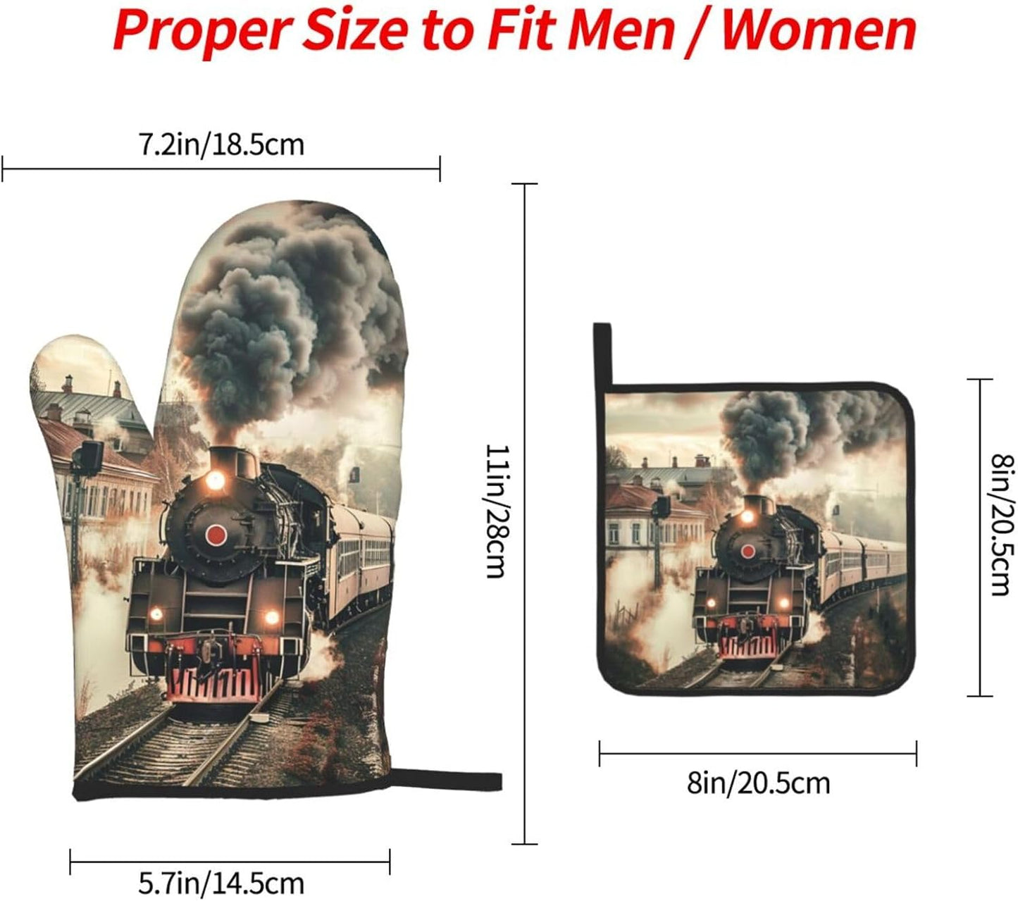 Train Travelling Oven Mitts and Pot Holders Sets of 3 Heat Resistant Oven Gloves Hot Pads Non-Slip Kitchen Accessories for Baking Cooking Grilling BBQ