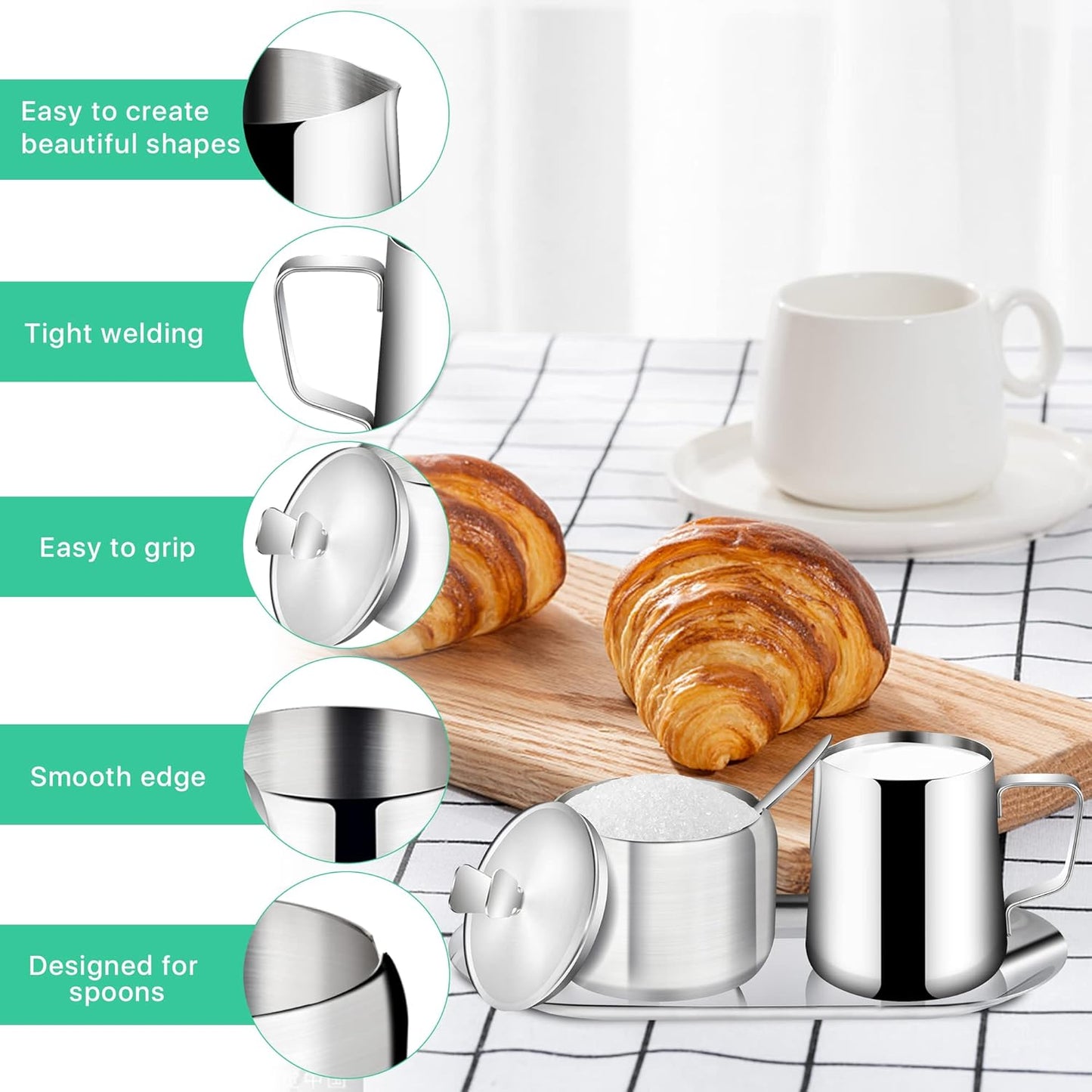 Stainless Steel Sugar and Creamer Set, Coffee Sets for Serving, Latte Milk Cup Cream Jug and Sugar Bowl with Lid Spoon Tray for Coffee Bar