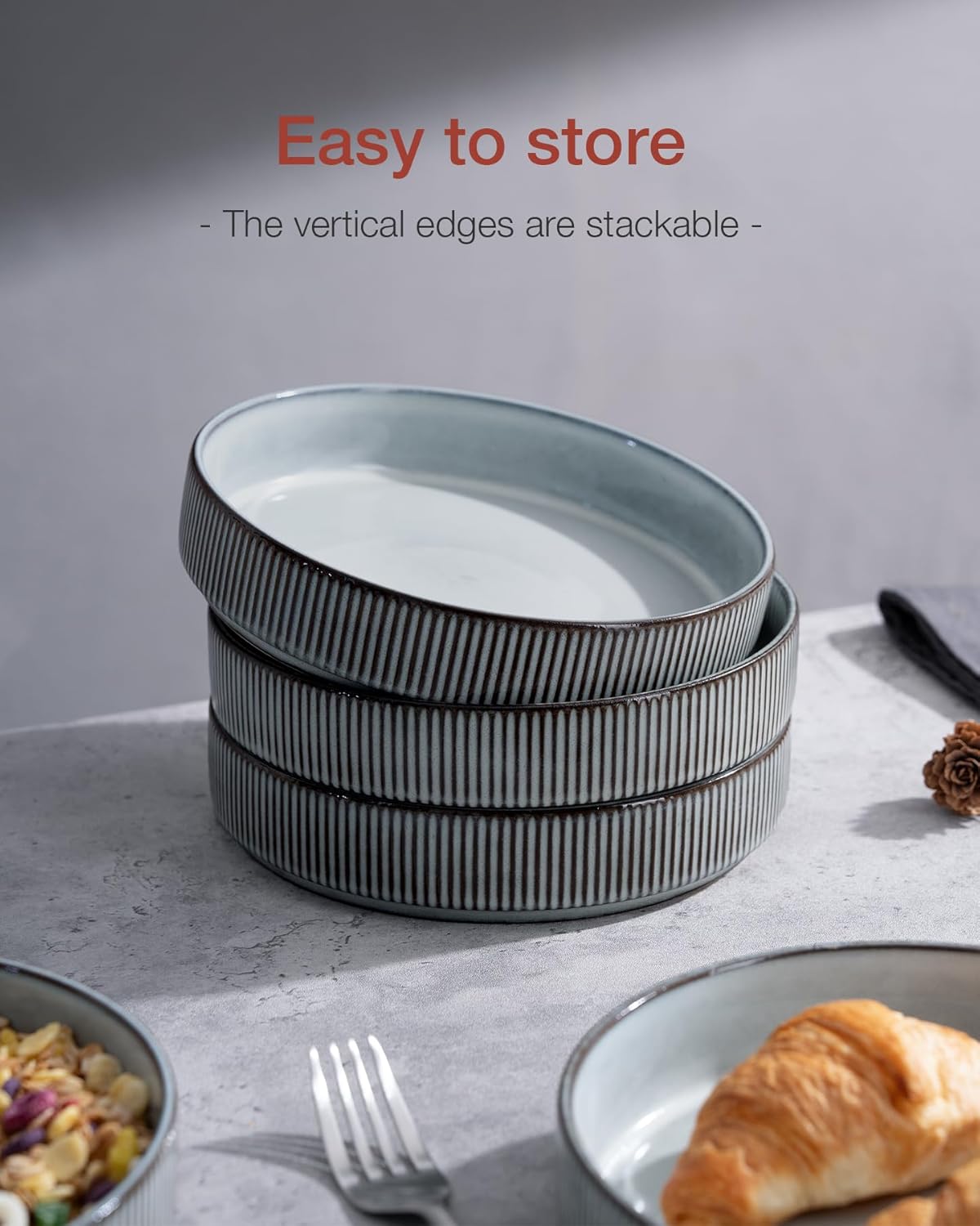 famiware Star 7.5" Pasta Bowls Set, Salad Bowl Set of 6, Double Reactive Glaze, Stackable, Perfect for Your Friend for Housewarming, Thanksgiving, Christmas, Smoky Blue