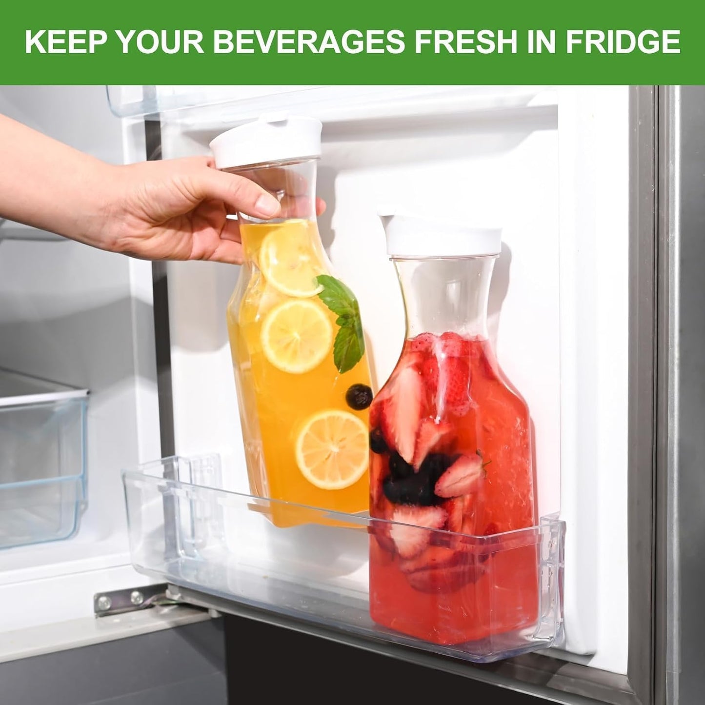 Set of 4 Plastic Carafe with Lid, 1 Liter Mimosa Bar Supplies, Large Square Base Juice Containers, Water Bottle, Milk Container, Clear Beverage Containers for Fridge