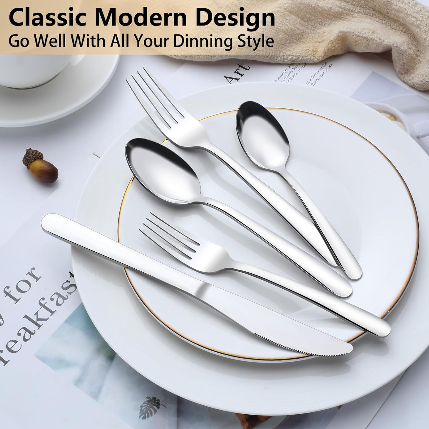 Pleafind 40-Pcs Silverware Set for 8, Premium Stainless Steel Flatware Set, Include Forks Spoons and Knives Set, Mirror Polished Cutlery Utensil Set for Home Restaurant, Dishwasher Safe