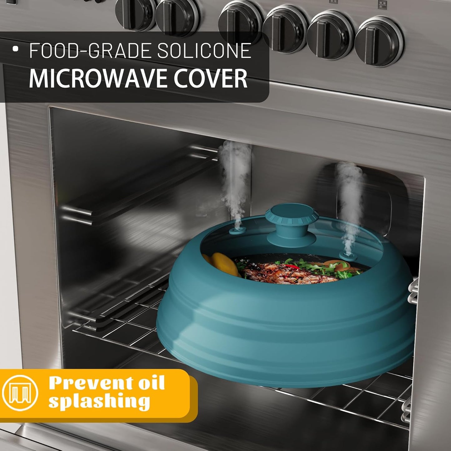 Collapsible Microwave Splatter Cover - Vented Silicone & Glass Lid with Easy-Grip Handle, Fits 6 to 8 Inch Plates & Bowls, 9 Inch Diameter, Prevents Splatters & Ensures Even Heating