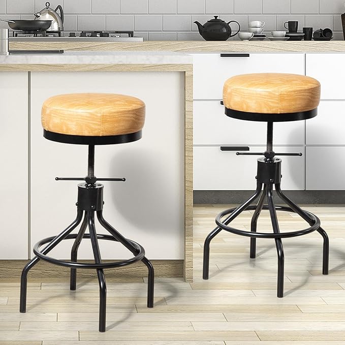 Swivel Bar Stools Adjustable Swivel Barstools Modern PU Leather 28inch Round Backless Counter Height Stool Metal Industrial Bar Chair for Kitchen Island (1, Ash Wood PU Leather)