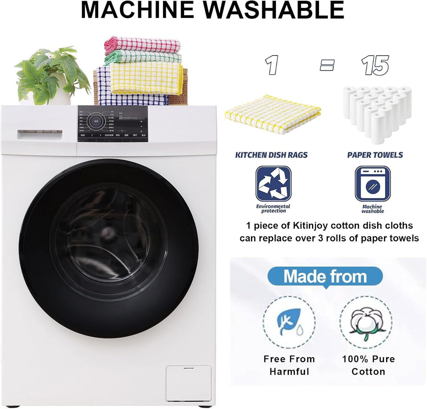 Kitinjoy Cotton 8 Pack Terry Kitchen Dish Cloths, 12 x 12 Inches Super Soft and Absorbent Dish Rags, Quick Drying Dish Towels for Washing Dishes, Yellow