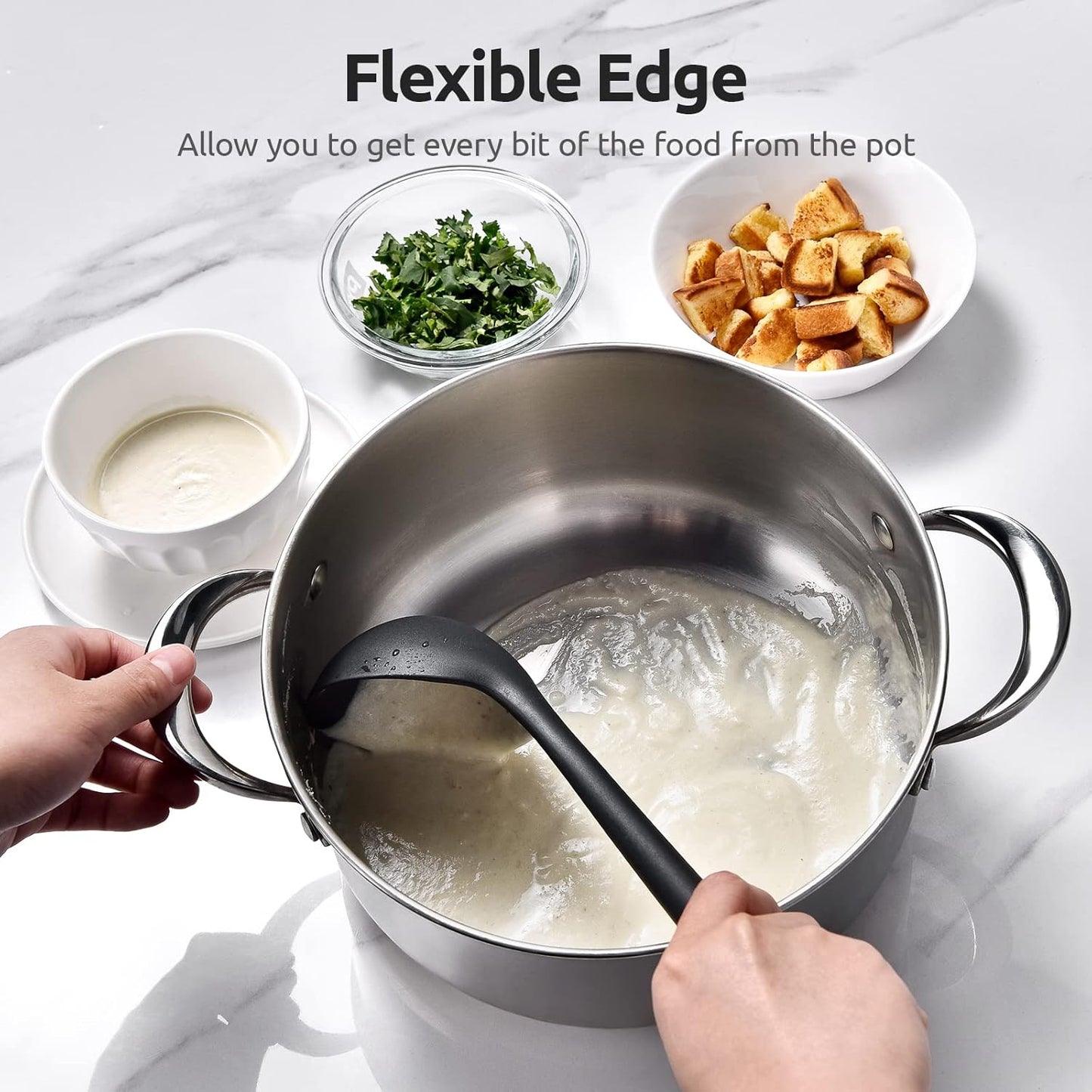 13 inch Silicone Soup Ladle: U-Taste 600ºF Heat Resistant 4 oz Large Non-stick Seamless Rubber Kitchen Deep Serving Spoon with Non Slip Solid Long Handle for Cooking Sauce/Stews/Gravies/Chili(Black)