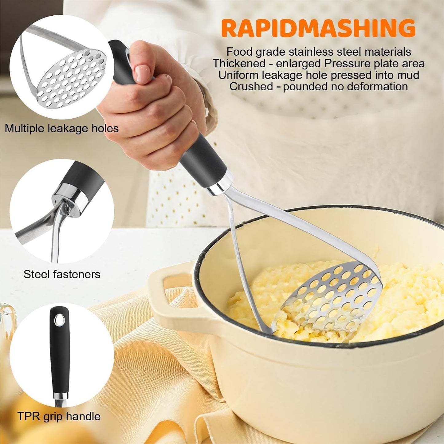Potato Masher Set of 2 Pieces, 10.25-Inch Stainless Steel Wire Mashed Potato Masher, Kitchen Gourmet Making Tools Professional Integrated Honeycomb, For Vegetable, Fruit, Melon, Potato Etc, Black
