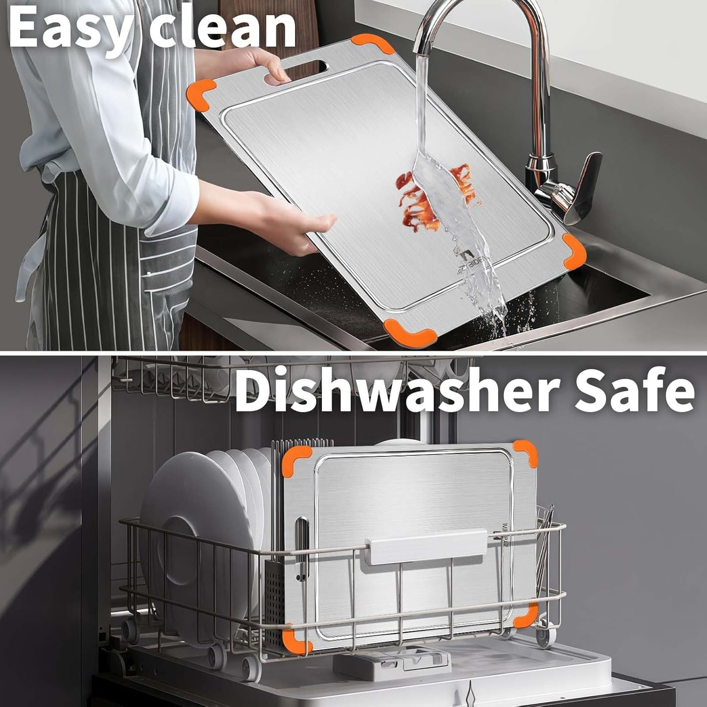 100% Pure Titanium Cutting Board with Grooves, Update Double Side Titanium Chopping Board, Silicone Anti-slip Stainless Cutting Boards for Kitchen 12 * 18 IN, Orange