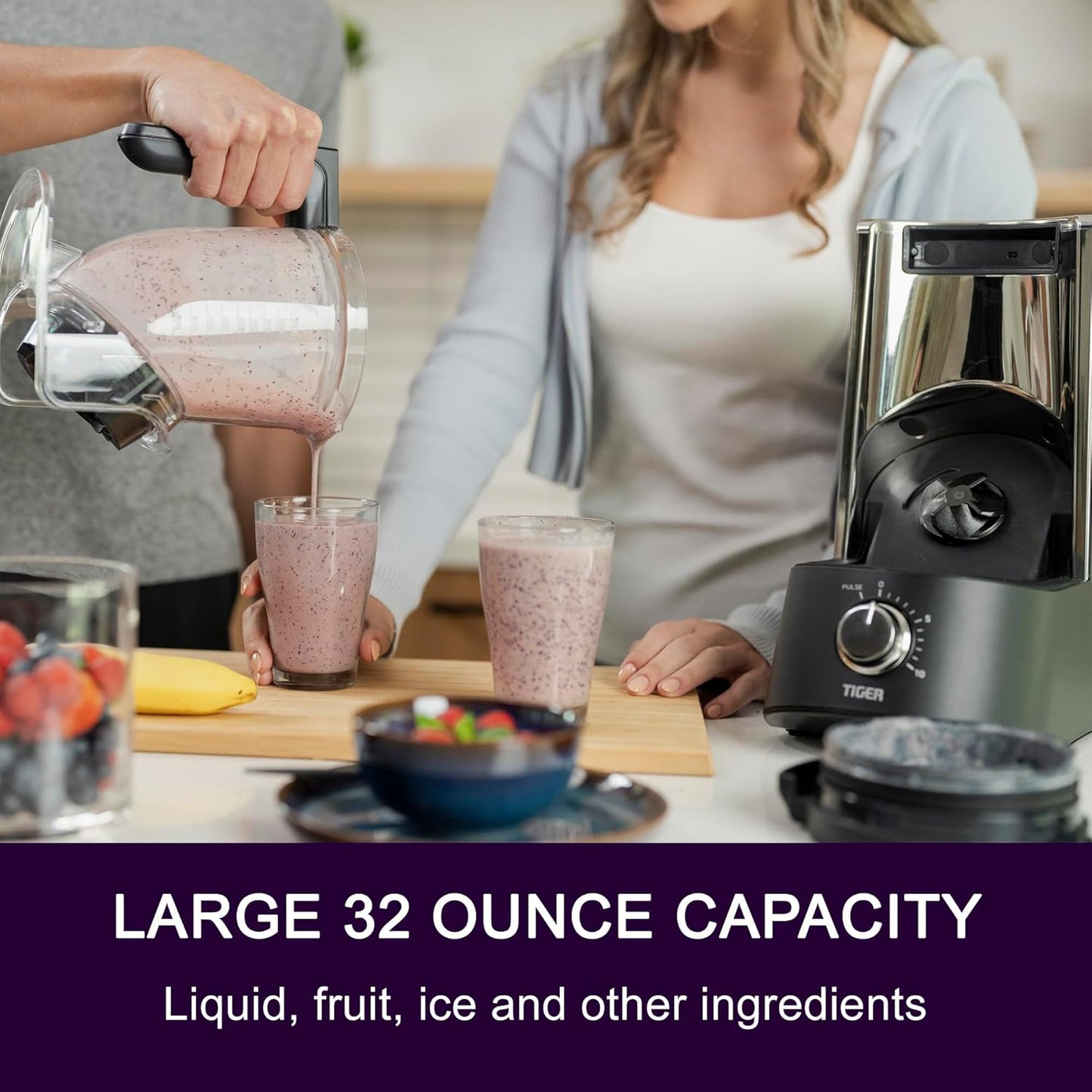 Tiger Smoothie Blender - Japanese Smoothie Maker for Smoothies, Crushed Ice, Milkshakes, Soups, Purees, Sauces, Matcha with Degree Diagonal-Blade Food Processor