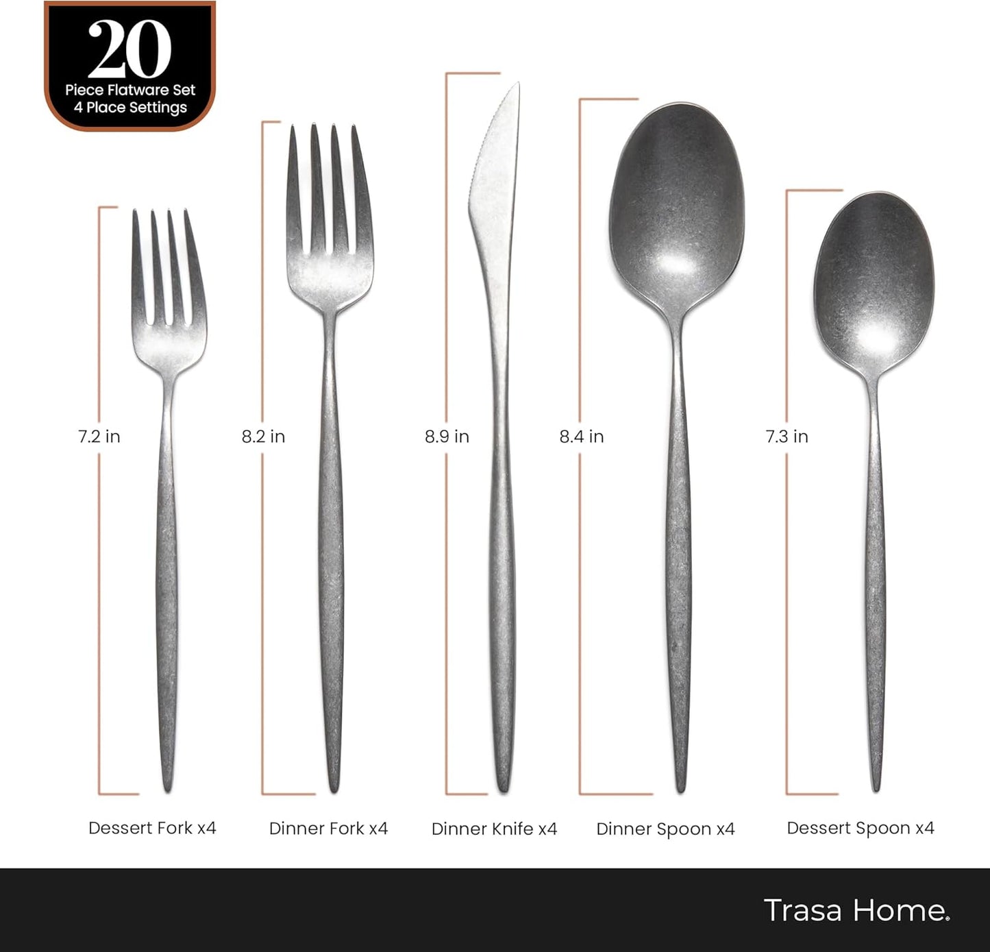 Luxury Vintage Flatware 20-Piece Set – Service for 4, Premium Stainless Steel with Weighted Handles, Aged Heirloom Finish, Dishwasher Safe, Elegant and Modern Cutlery (Vintage Silver)