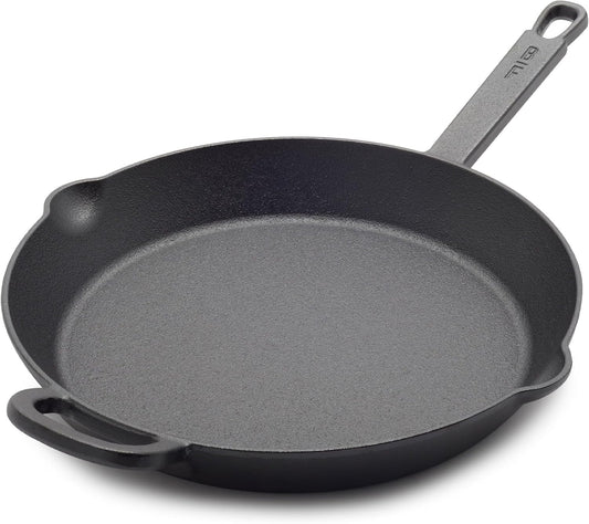 GreenPan x Bobby Flay 12” Cast Iron Pre-Seasoned Skillet with Helper Handle, Professional Grade Heavy Duty, Induction, Pour Spouts, Versatile Stovetop, Oven, BBQ Grill Fire, Indoor/Outdoor Use, Black