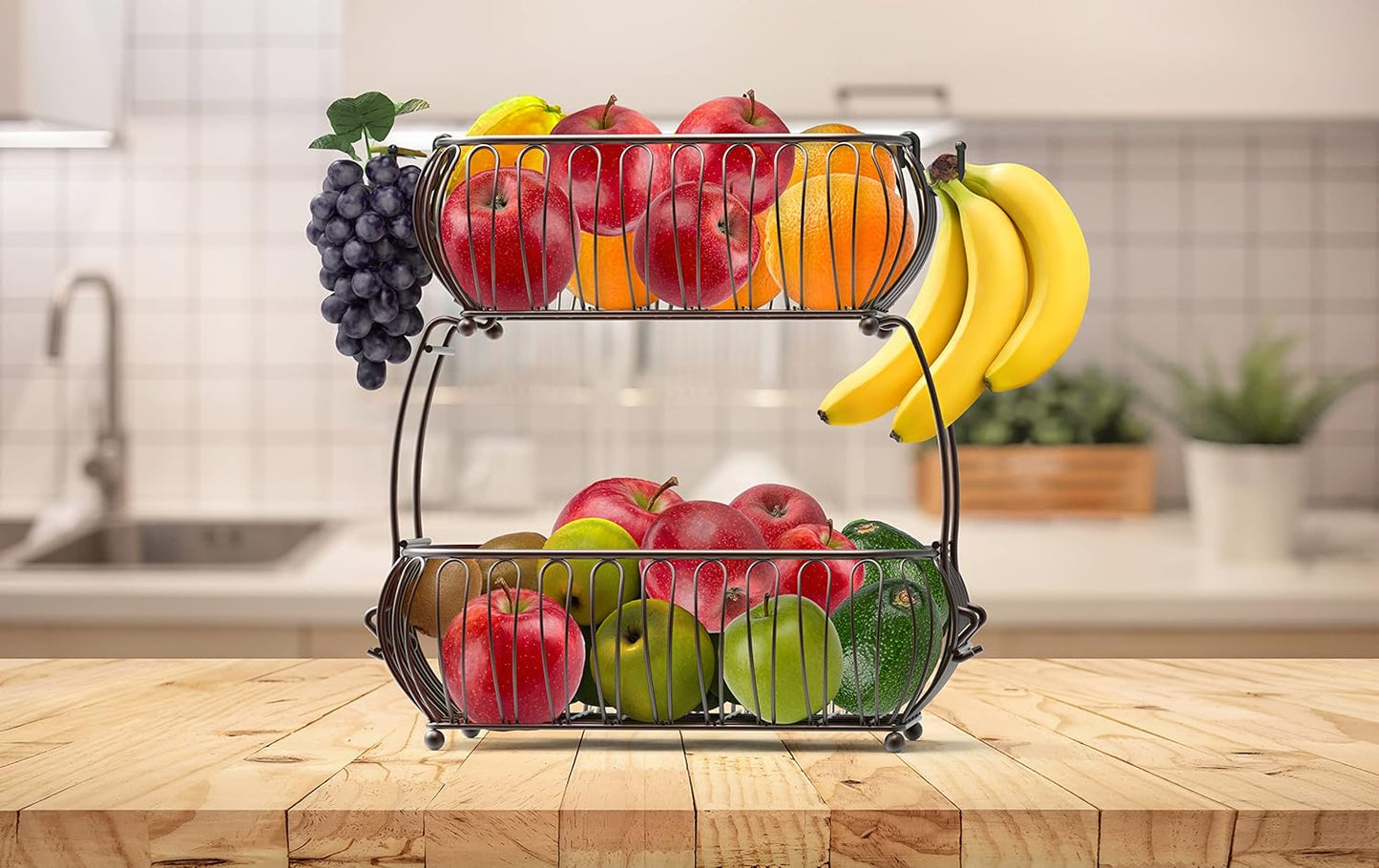 Simple Houseware 2-Tier Countertop Oblate Fruit Basket Holder, Bronze