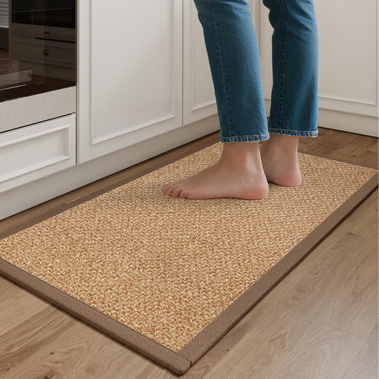 Kitchen Mats for Floor, Rubber Backing Kitchen Rugs Non Slip Washable, Super Absorbent Jute-Like Braid Kitchen Runner Rug Sink Mat Standing Mat, Easy to Clean, Brown 17"x30"
