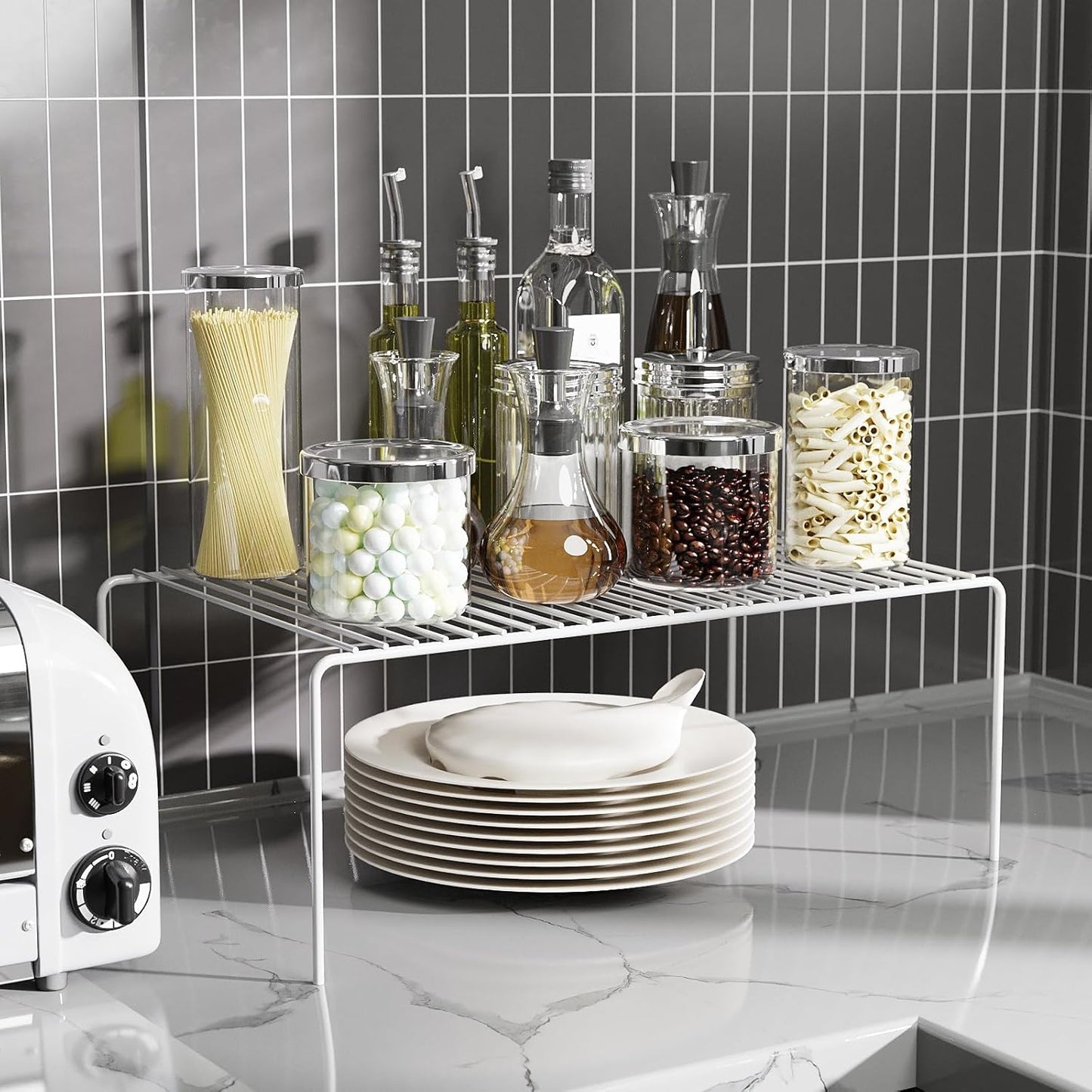 Medium(13 x 9.4 inch)White Cabinet Storage Shelf Rack Set of 4, Rustproof Metal Wire Kitchen Counter Organizers and Storage, Spice Organization for Cabinet, Plate, Dish, Pantry, Bathroom, Fridge