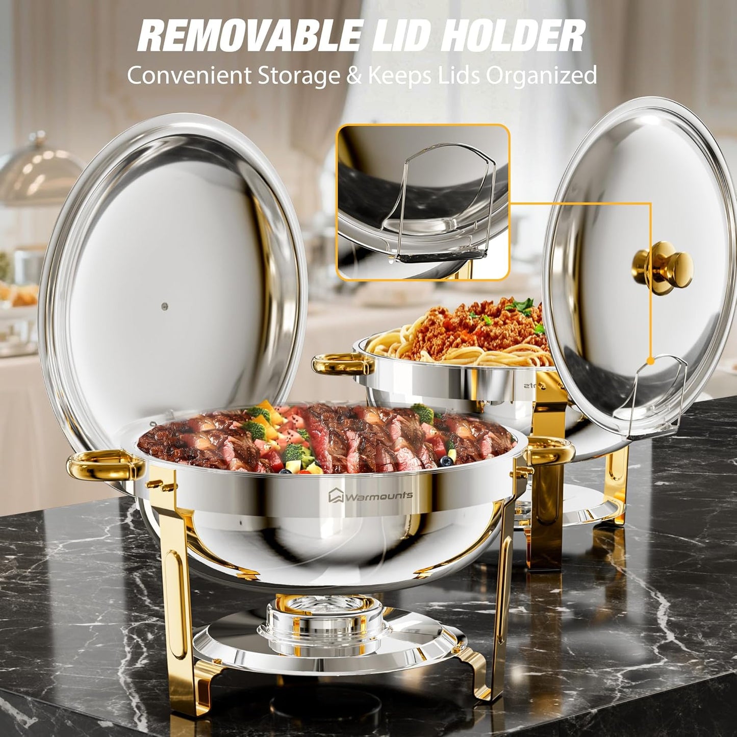 Gold Chafing Dishes for Buffet (5QT, 2 Pack), Round Chafers and Buffet Warmers Sets, Food Grade Stainless Steel Chafing Dish Set, Rolled Edge Design, for Catering Events, Parties, Weddings