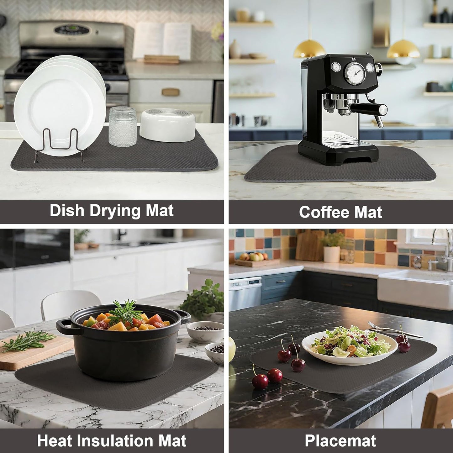 Dark Gray Dish Drying Mats 20" x 15", XL Kitchen Drying Mat for Counter, Microfiber Dish Dryer Mat, Microfiber Dish Rack Mat, Foldable Dish Drying Pad for Dishes, Pots, Pans (Dark Gray)