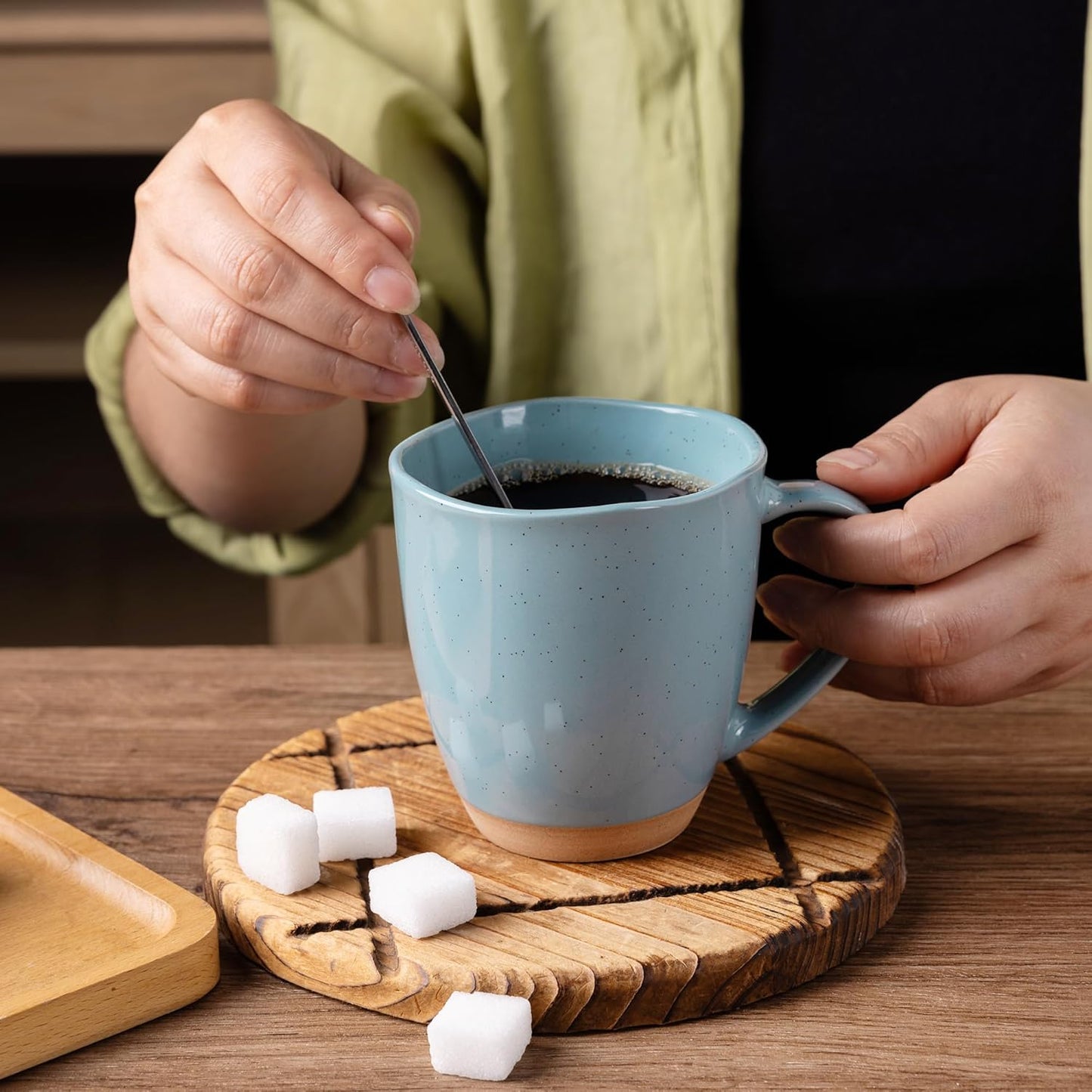 AmorArc 12oz Ceramic Coffee Mugs set of 6, Stylish Coffee Mugs with Rustic Terracotta Underside for Latte/Cappuccino/Milk/Cocoa, Dishwasher&Microwave Safe, Stone Blue