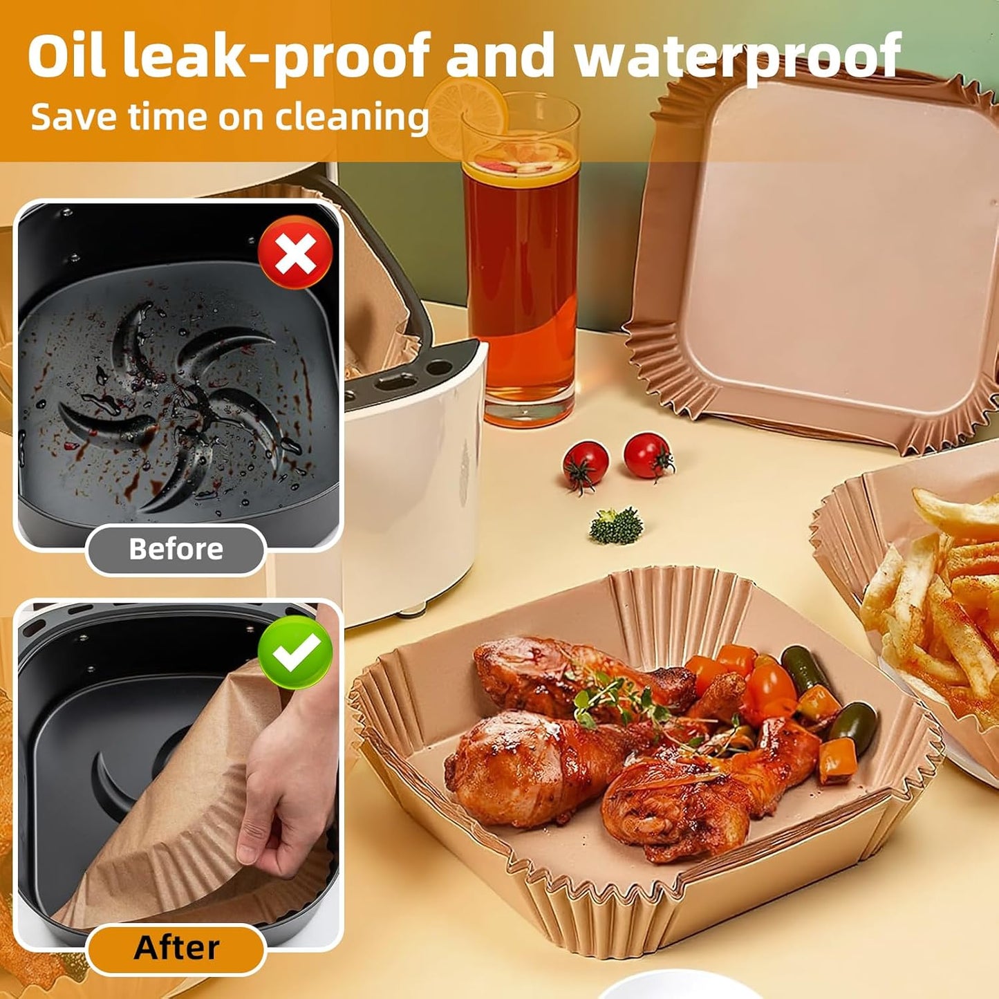 Air Fryer Paper Liners for 3-6 Qt, 7.1 x 7.1 inch Thickened Square Disposable Parchment Liner compatible with Ninja AF141/Chefman/Instant Pot/Cosori Airfryers