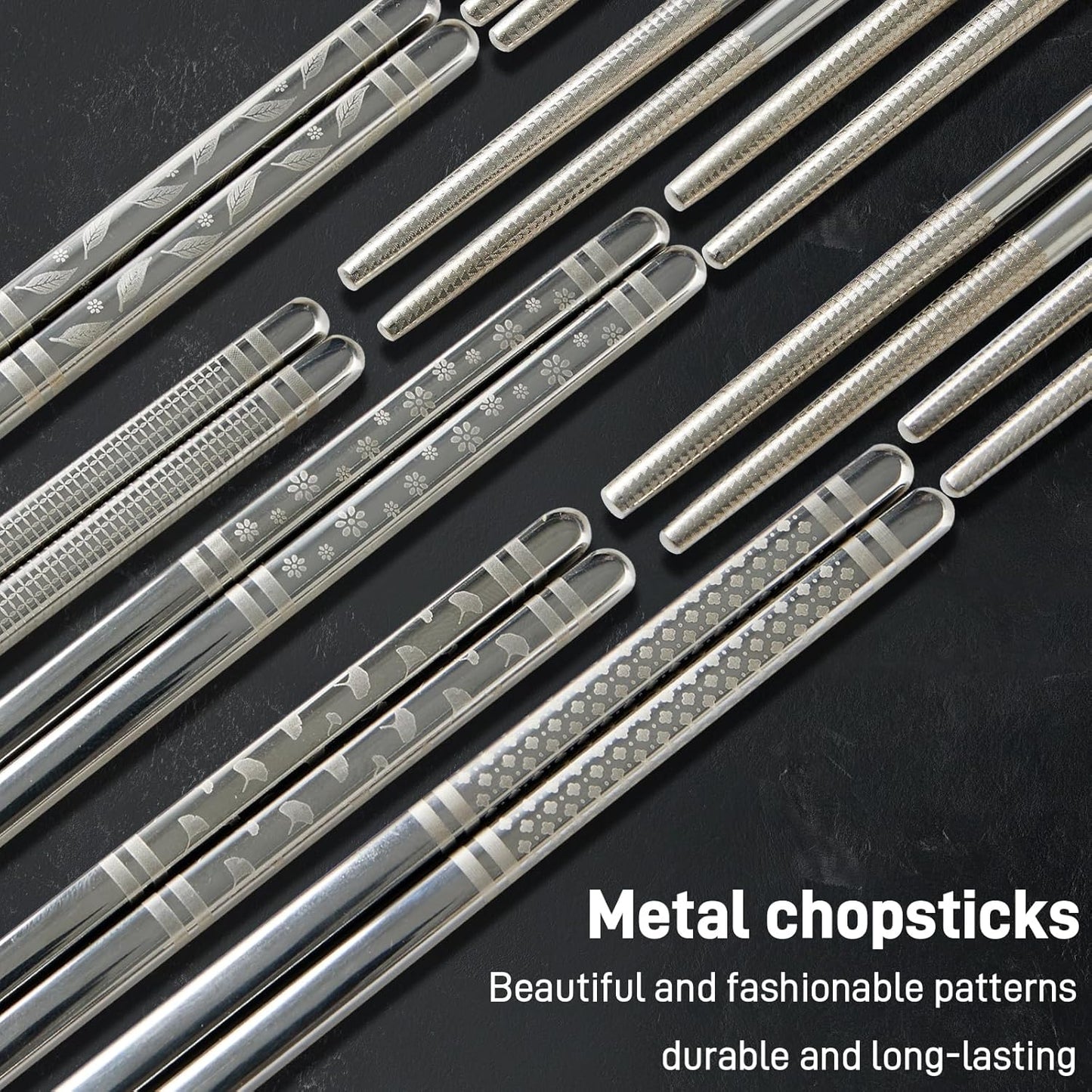 Metal Chopsticks Reusable 5 Pairs Stainless Steel Chopsticks Japanese Chinese Korean Metal Chop Sticks Dishwasher Safe Non Slip Cute Laser Engraved 9.25 Inch for Cooking Eating Gift Set