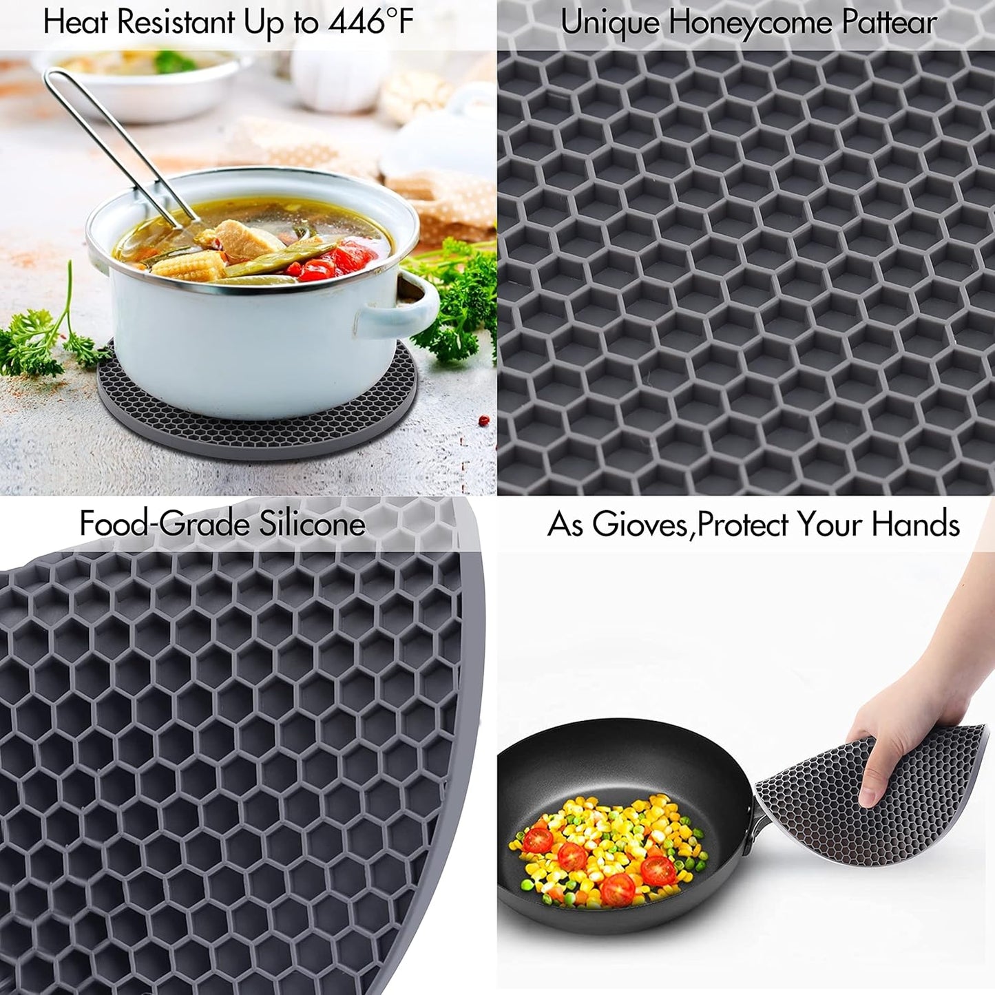 Silicone Trivets for Hot Pots and Pans, 0.31" Thick Trivet Mat for Hot Dishes Set of 4, Heat Resistant Durable Flexible Silicone Mat Pot Mat for Countertop, Easy to Wash and Dry, Dark Gray