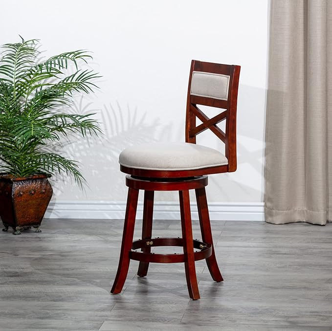 DTY Indoor Living Meeker 24 Inch Counter Height Bar Stools with Backs - Wooden Swivel Counter Stools for Kitchen Island - Beige Fabric Seat, Solid Wood Frame, Cherry Finish