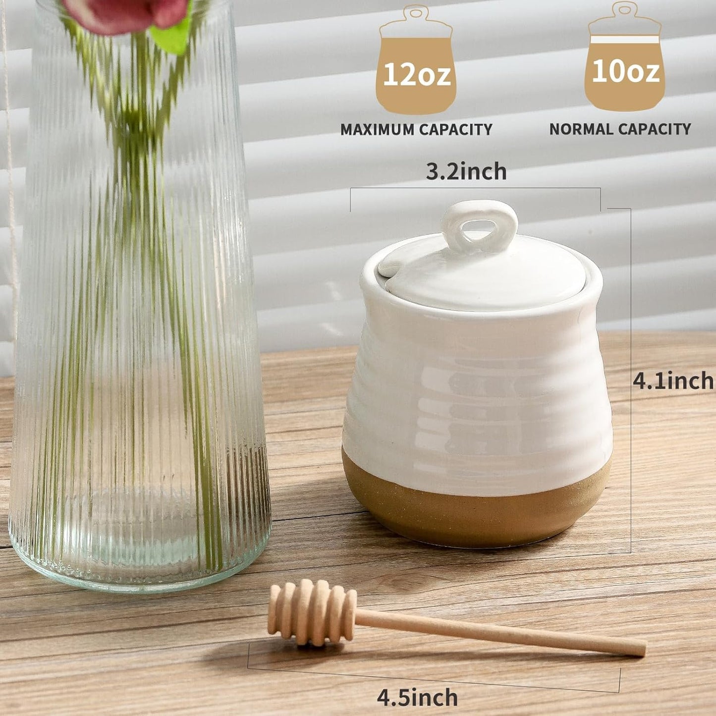 Ceramic 12 Ounce Honey Jar and Dipper Set,Porcelain Honey Pot with Lid and Wooden Dipper,Cute Honey Containers for Party,Holiday,Halloween Favors,Farmhouse Kitchen Decor,Dishwasher Safe,White