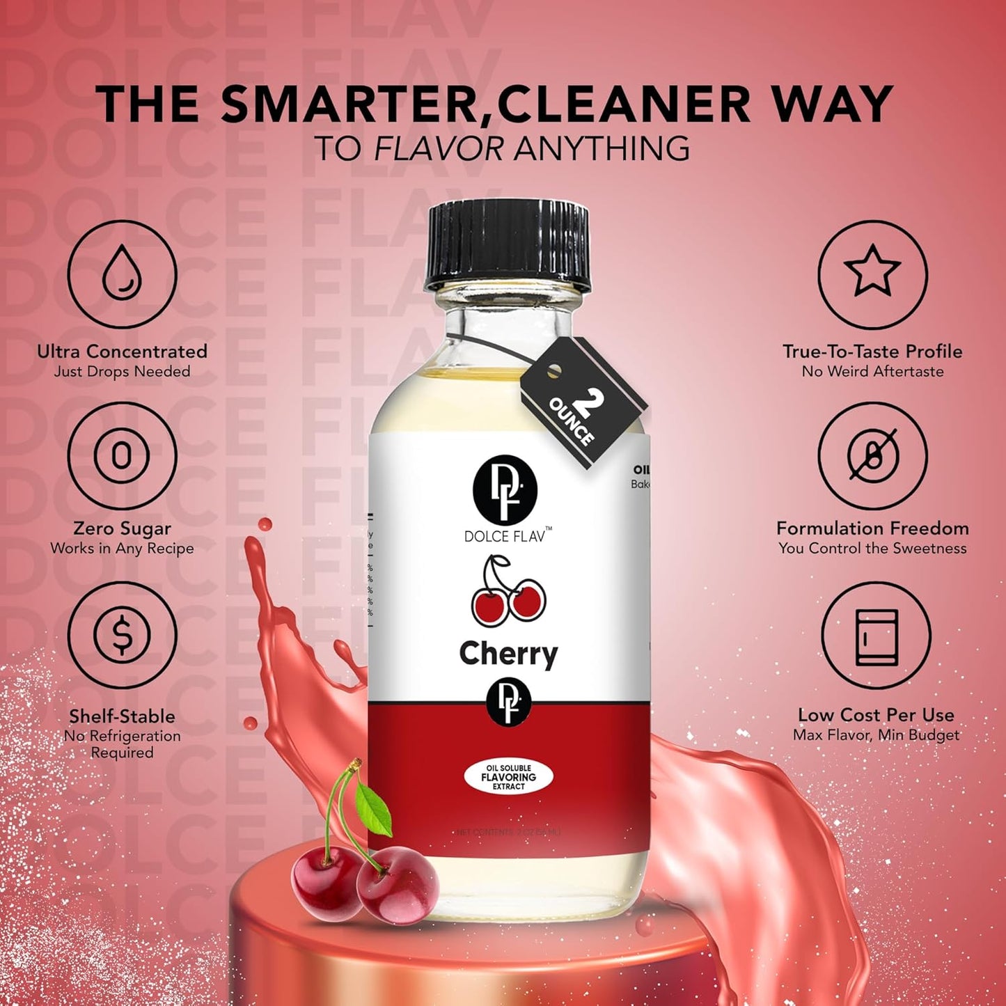 Dolce Flav Cherry Extract – 2 Ounce Oil-Soluble Kosher, Sugar-Free, Concentrated Fruity Flavor for Candy, Chocolates & Desserts, Includes Measured Dropper