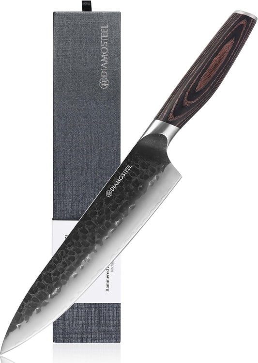 Chef Knife - 8-Inch Professional Kitchen Knife - Hammered Black Oxide Blade Japanese 9CR18MOV High Carbon Stainless Steel Sharp Gyuto Knife - Ergonomic Pakkawood Handle with Present Box