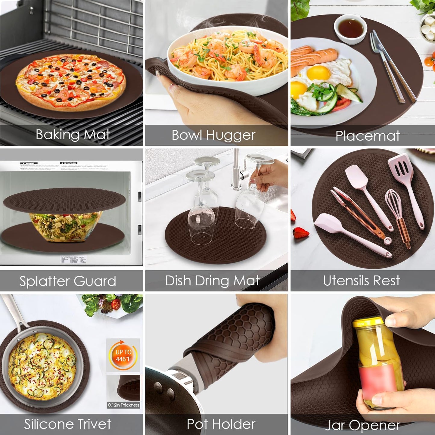 Brown Silicone Microwave Mat 12 inch Extra Large Multi-Use Microwave Mat Heat Resistant Silicone Trivet Mat Pot Holders Hot Pads for Kitchen, Silicone Cover Pad for Microwave Oven Hot Pot Pans, 2Pack