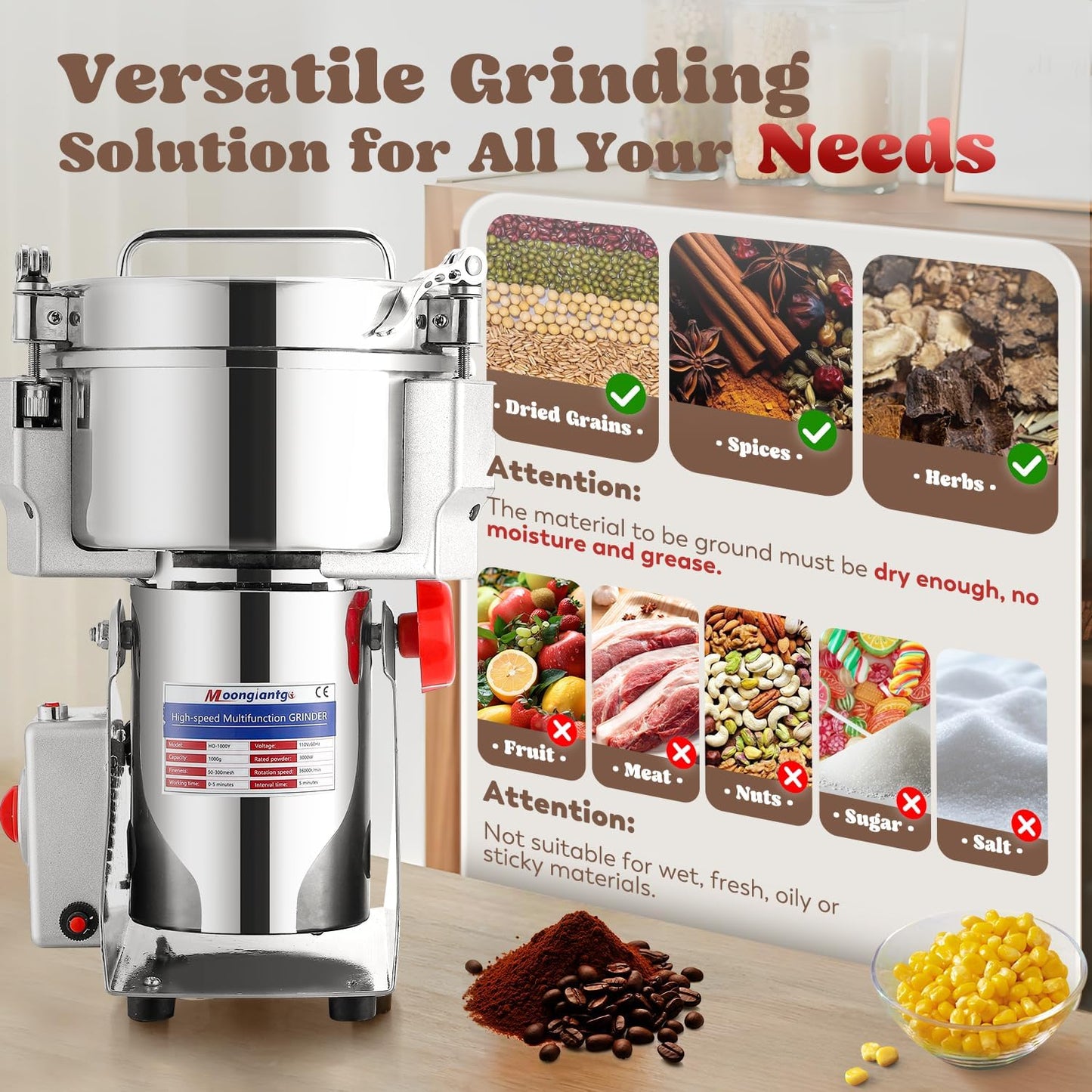 Moongiantgo 2500g Grain Mill Grinder Commercial Spice Grinder 3600W Stainless Steel Electric Pulverizer Dry Grinding Machine for Wheat Corn Rice Pepper Herbs Coffee Beans (2500g Swing, 110V)