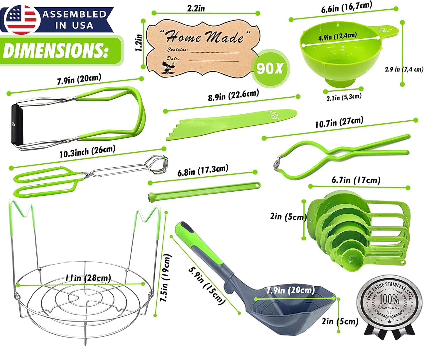 Supa Ant Canning Supplies Starter Kit- Canner Accessories with Canning Rack for Jars, XL Ladle,Wide Mouth Jar Funnel,Jar Lifter and Wrench,Bubble Popper/Measurer,Lid Lifter,Kitchen Tongs (Light Green)