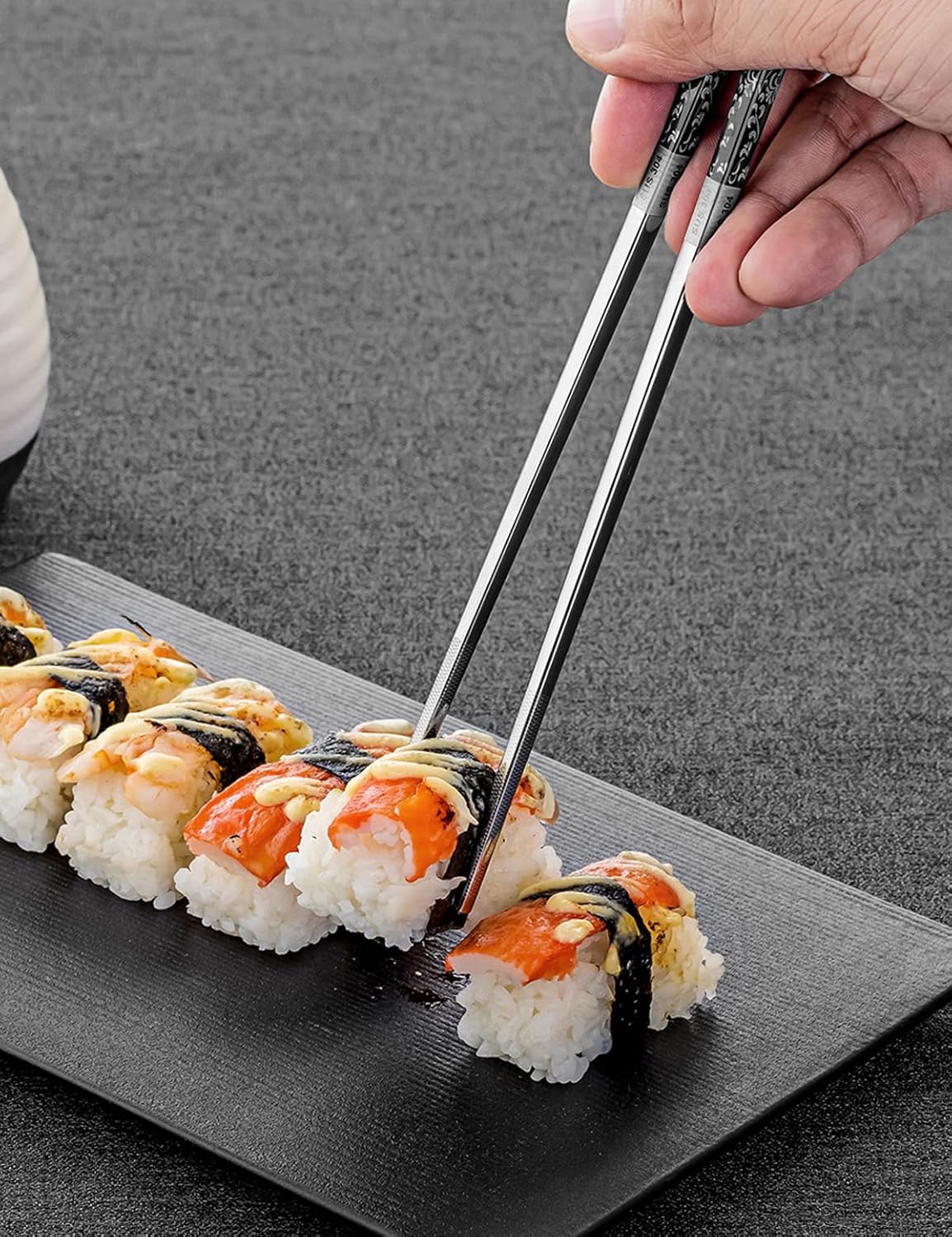 Metal Chopsticks Reusable, 3 Pairs Chop Sticks Reusable Dishwasher Safe, Titanium Plated Non-Slip Stainless Steel Chopsticks Present Set (Black Silver)