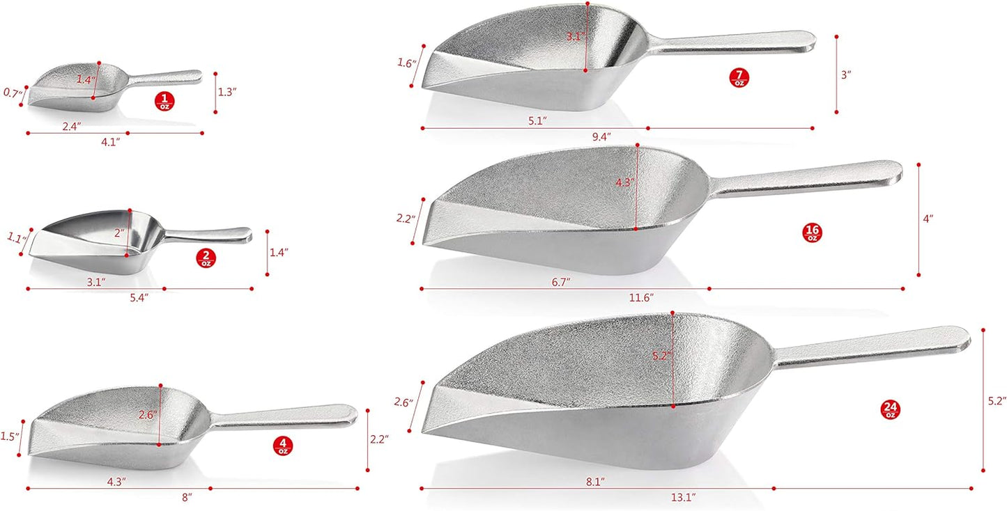 New Star Foodservice 34646 One-Piece Cast Aluminum Flat Bottom Bar Ice Flour Utility Scoop, 2-Ounce, Silver